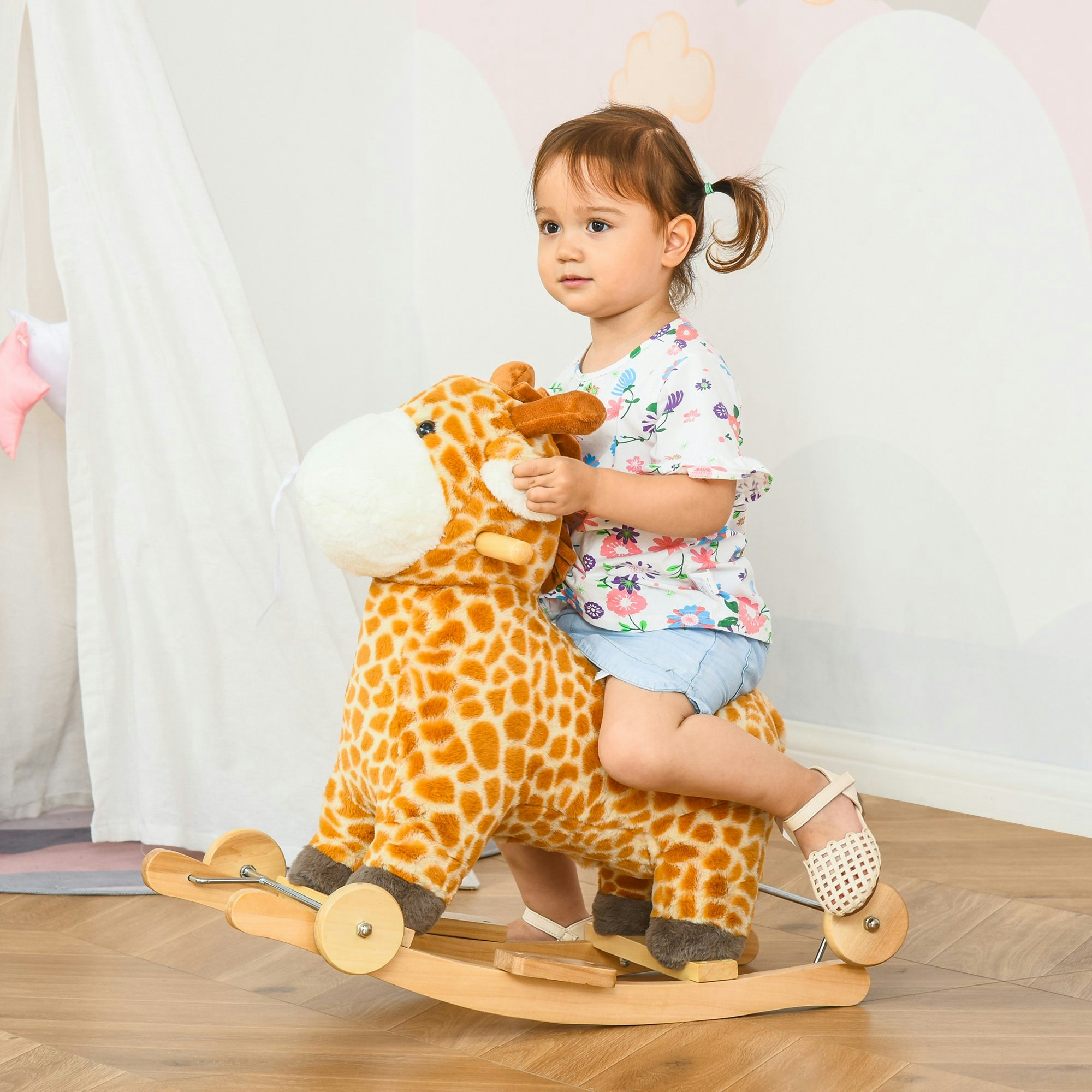 Homcom Yellow 2-In-1 Kids Plush Ride-On Rocking Gliding Horse Giraffe-Shaped - 63 X 38 X 63Cm - Kids Rocking Horse