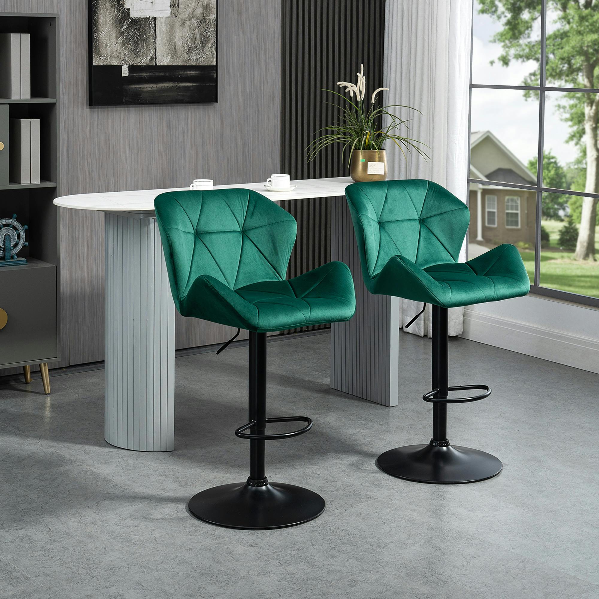 Rackhams Blue/Green Set Of 2 Luxurious Velvet-Touch Bar Stools Metal Frame Footrest