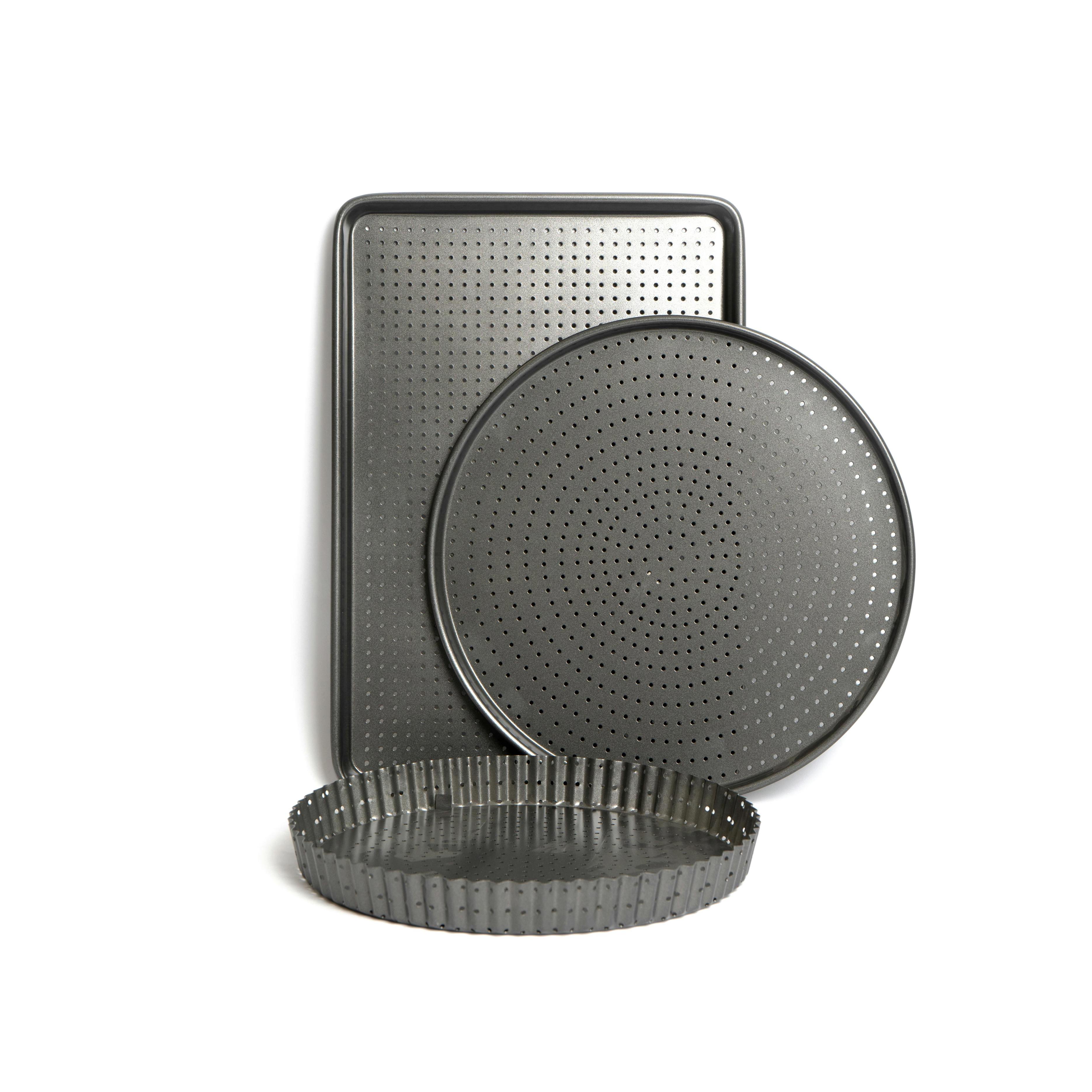 Rackhams Black 3Pc Crusty Bake Non-Stick Bakeware Set With 30Cm Flan/Quiche Tin, 32Cm Pizza Tray And 39Cm Baking Tray - Carbon Steel - Bakeware Sets