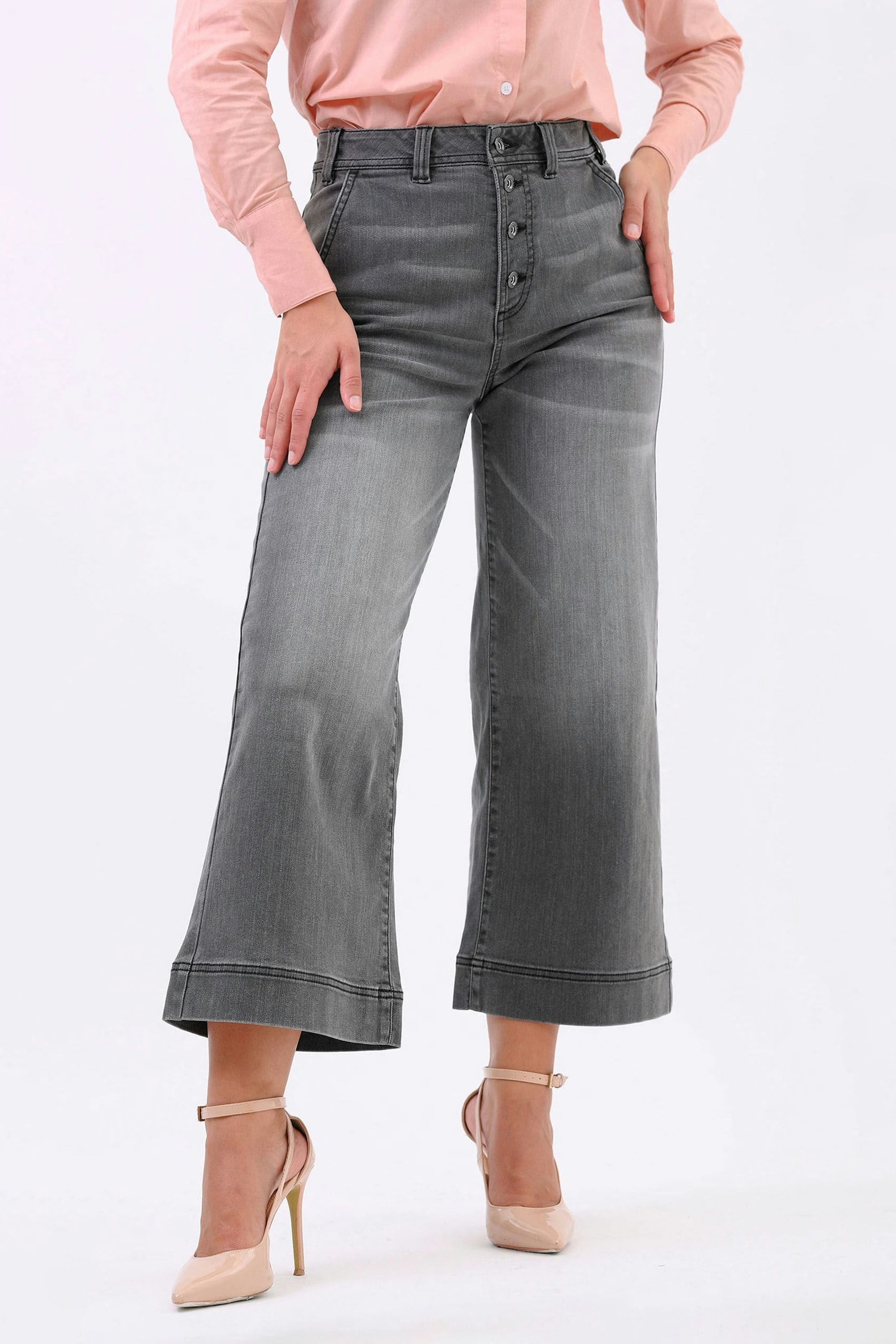 Enorsia Women's Grey Wide Leg Culottes - 8 - 70% Cotton, 8.4% Rayon, 19.7% Repreve Polyester, 1.9% Elastane