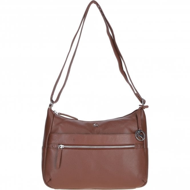 Ashwood Silver Real Leather Shoulder Bag With Zip & Magnetic Pocket: Meath - Cognac - Leather