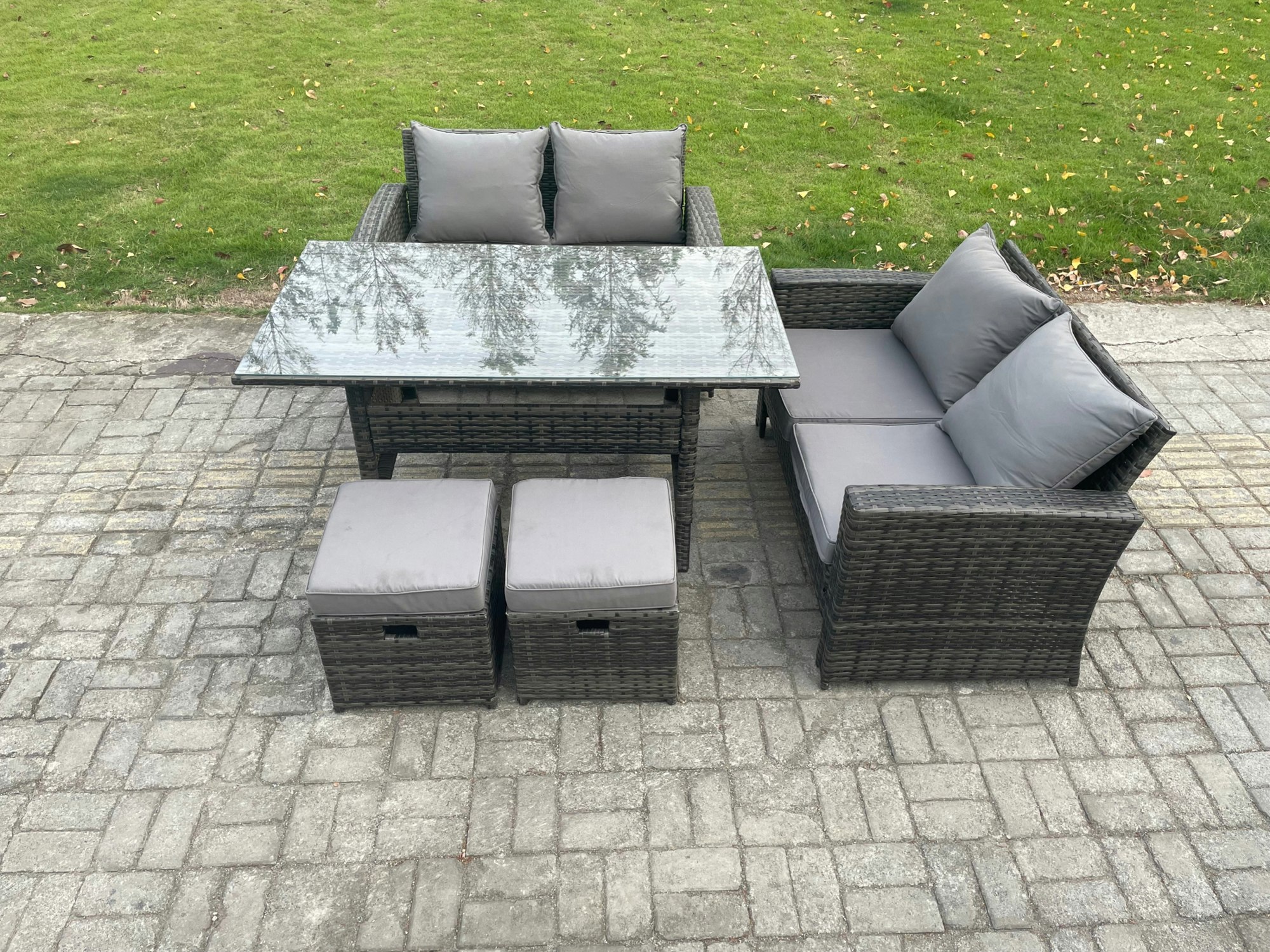 Fimous Dark/Grey 6 Seater Pe Wicker Rattan Garden Furniture Set Love Sofa Outdoor Rectangular Dining Table 2 Small Footstools Mixed