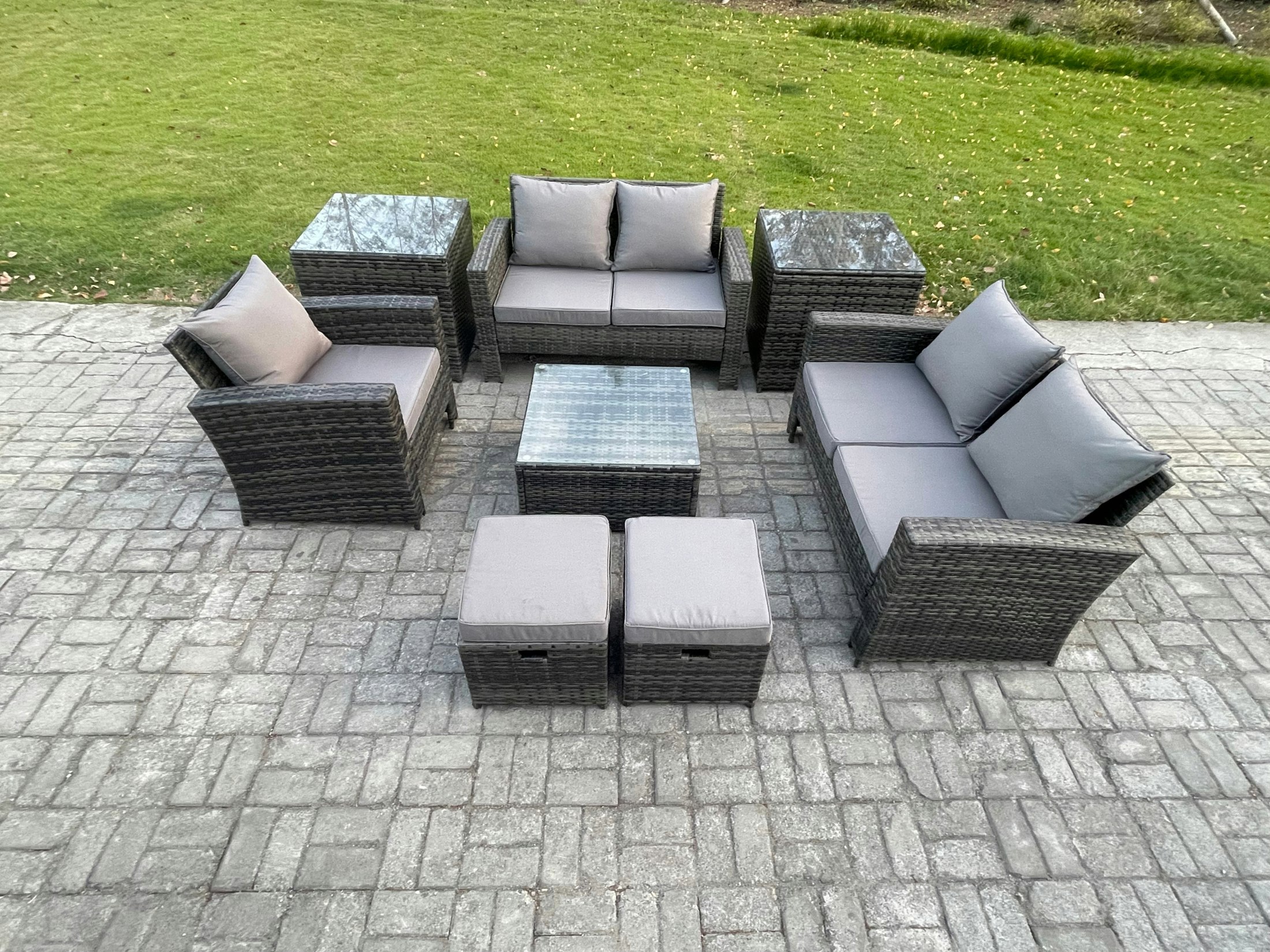 Rackhams Dark/Grey 7-Seater Rattan Garden Sofa Set - Mixed Outdoor Conservatory Patio Coffee Table Set With Chair & 2 Small Footstools