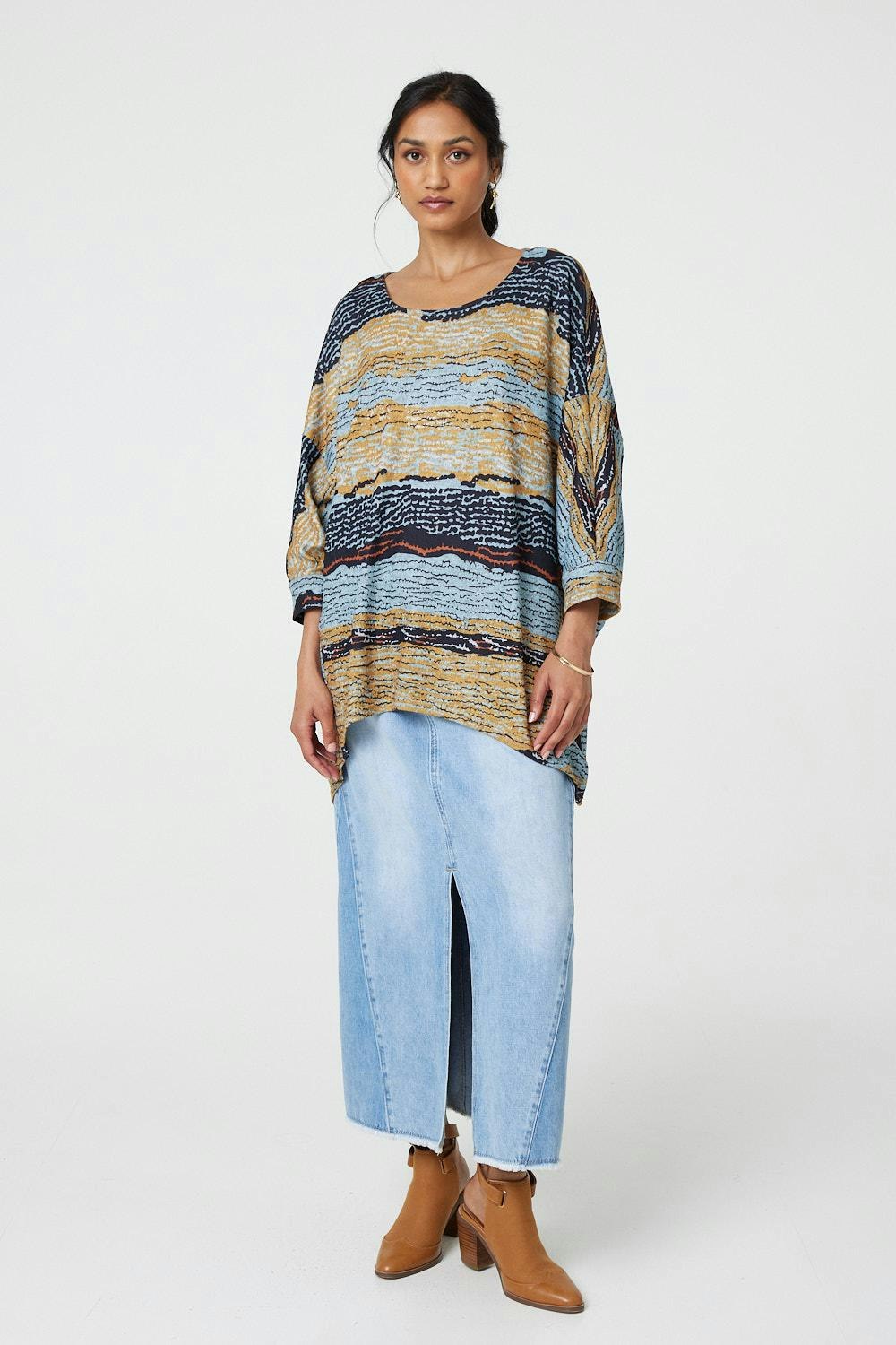 Izabel London Grey Printed 3/4 Batwing Sleeve Relaxed Tunic Top - 14