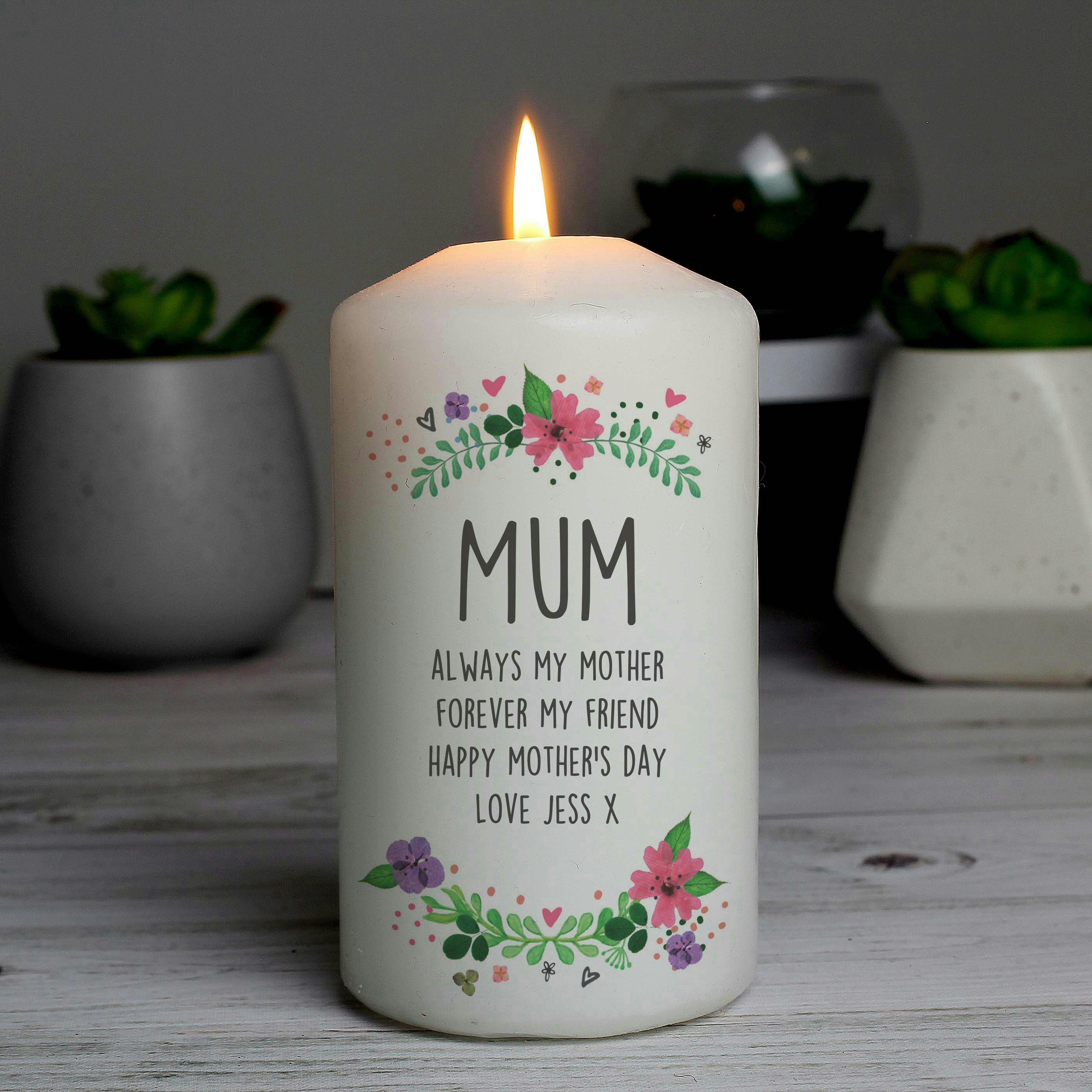 Rackhams Personalised Floral Pillar Candle
