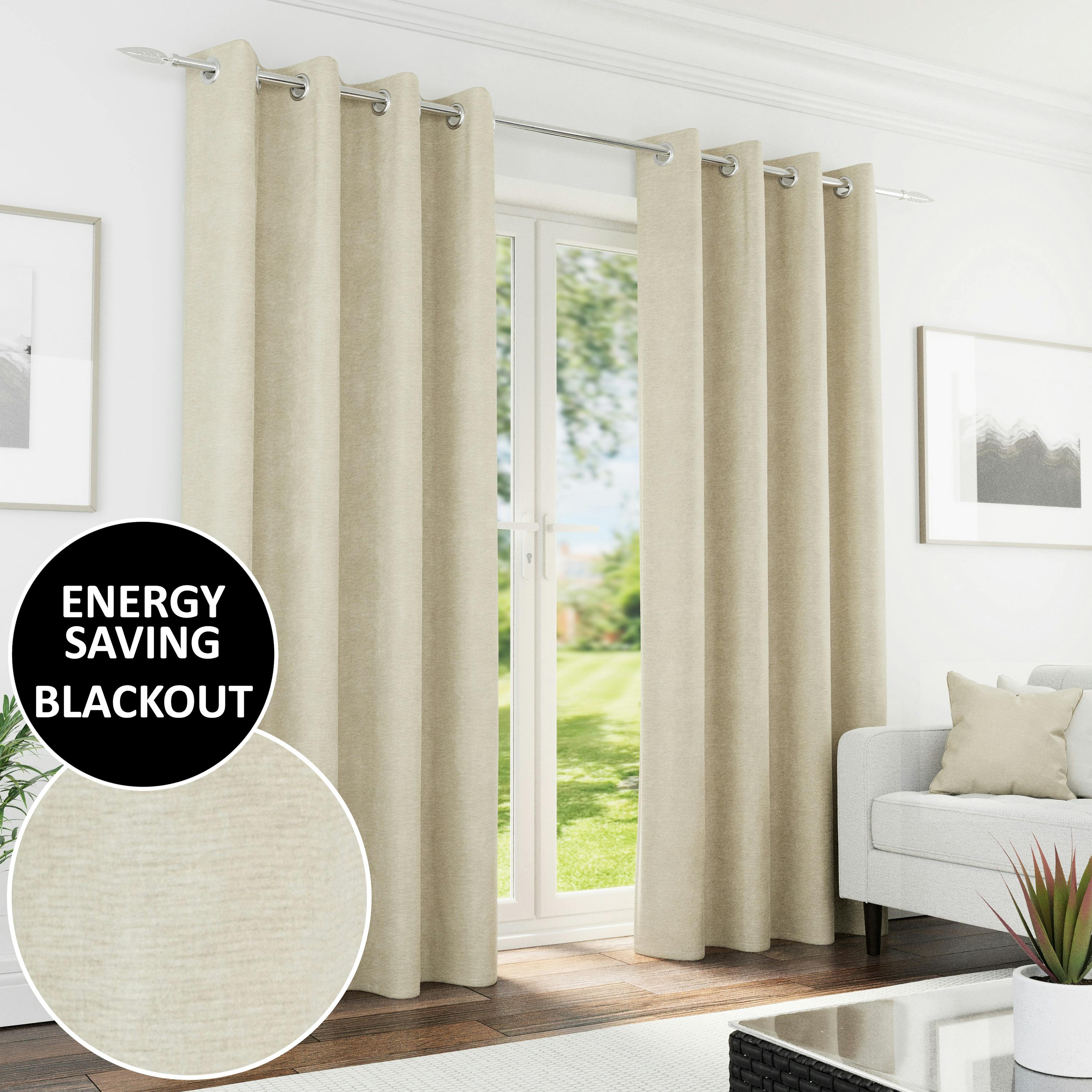 Rackhams Cream Knightsbridge 100% Blackout Chenille Thermal Eyelet Curtains For Living Room/Bedroom - 66" (168Cm) Width X 72" (183Cm) Drop