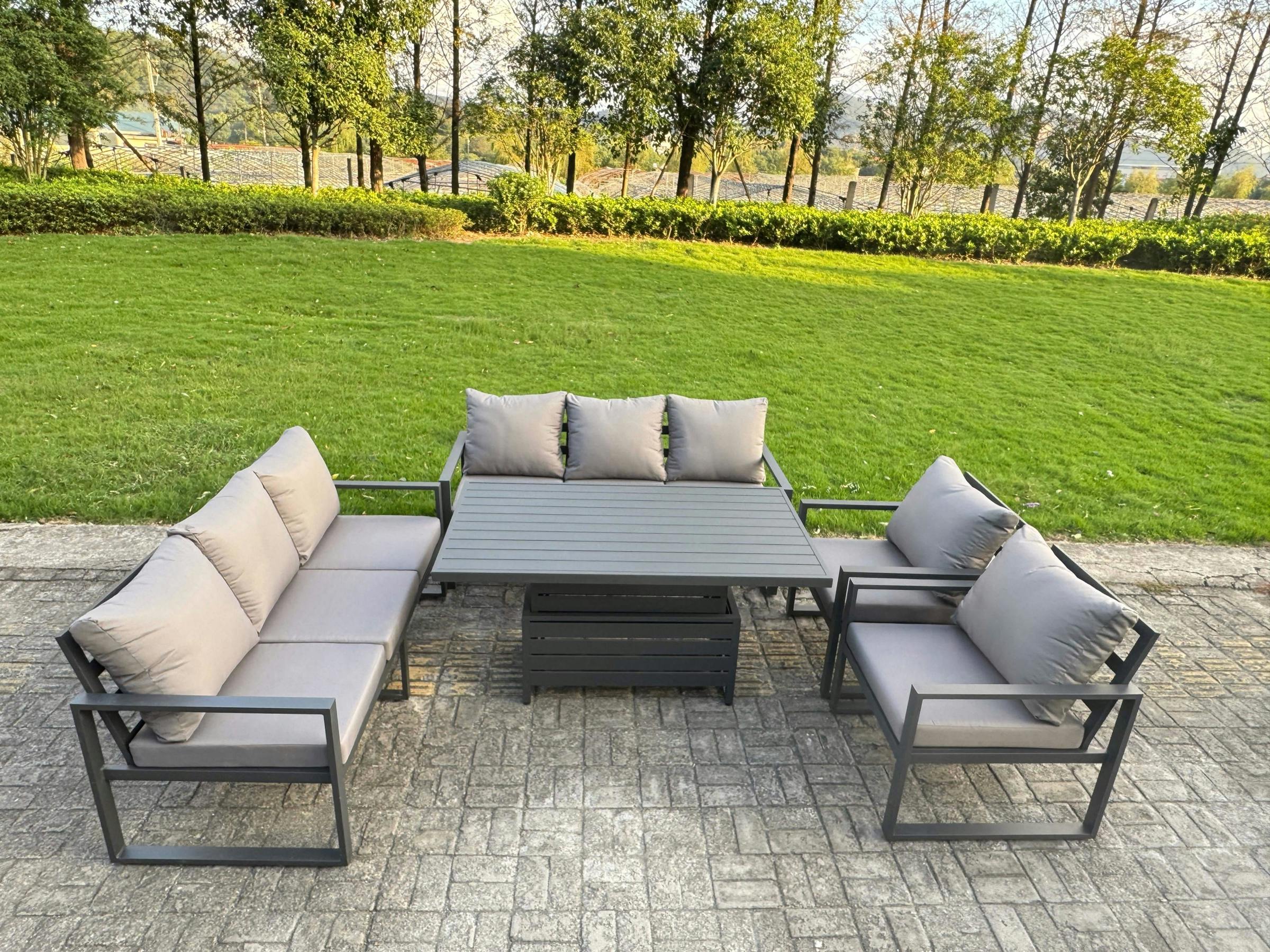 Rackhams Dark/Grey Garden Aluminium Furniture Set 8 Seater Outdoor Patio Adjustable Rising Lifting Dining Table With 2 Chairs