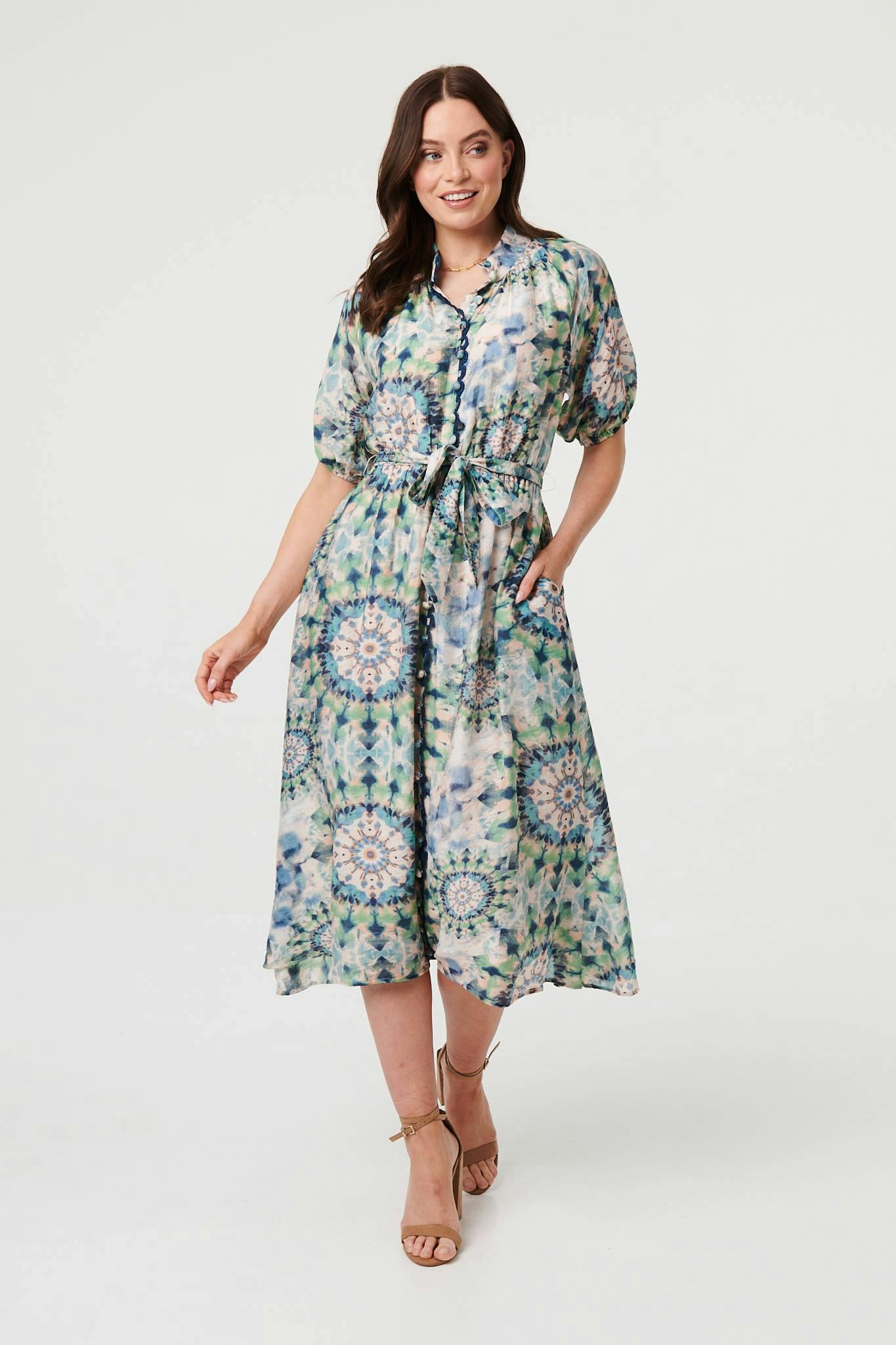 Izabel London Green Abstract Tie Waist 1/2 Sleeve Midi Dress - 8