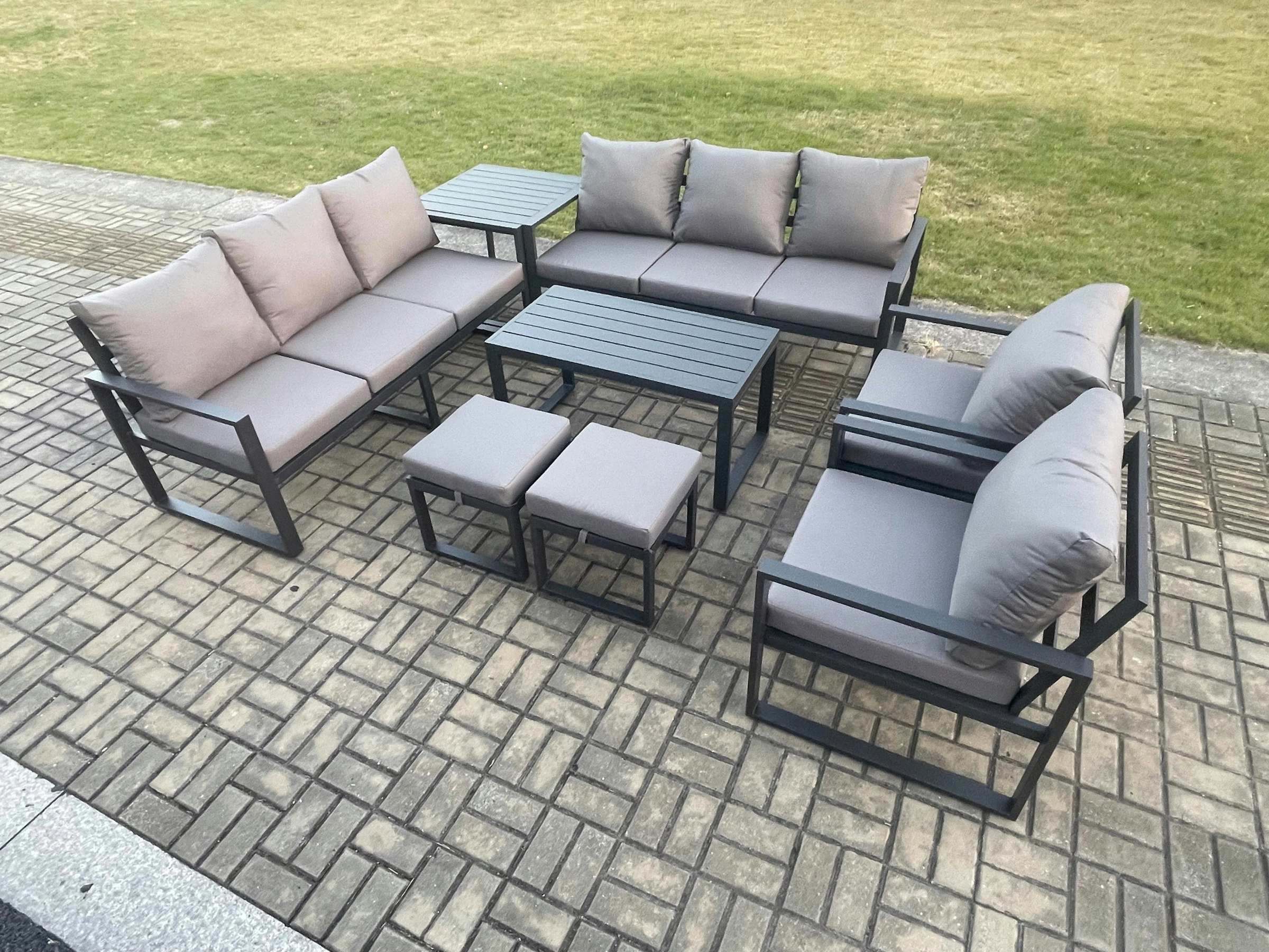 Rackhams Dark/Grey Aluminium Outdoor Garden Furniture Lounge Sofa 2 Pc Chairs Oblong Coffee Table Sets With Side Table 2 Small Footstool