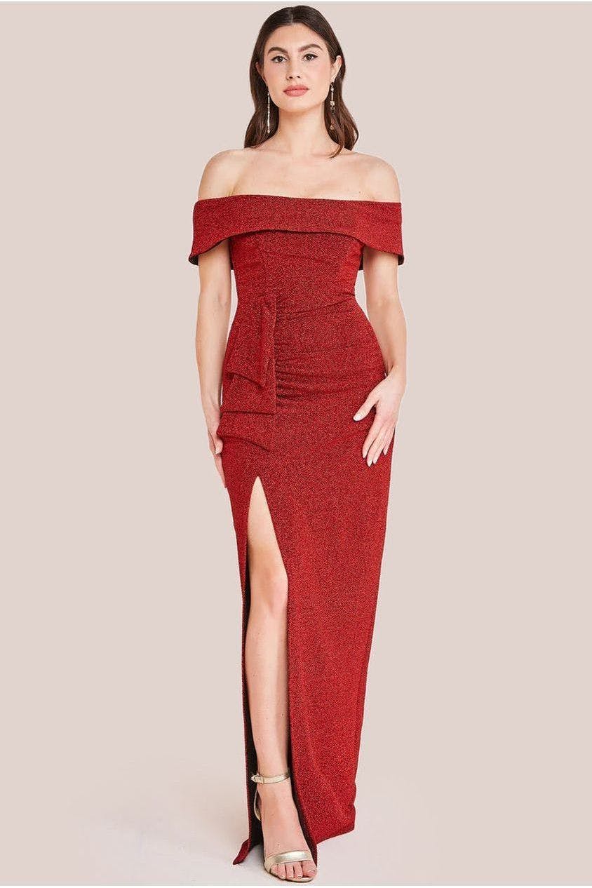 Goddiva Red Sparkle Bardot Maxi With Waterfall Ruffle - By - 12