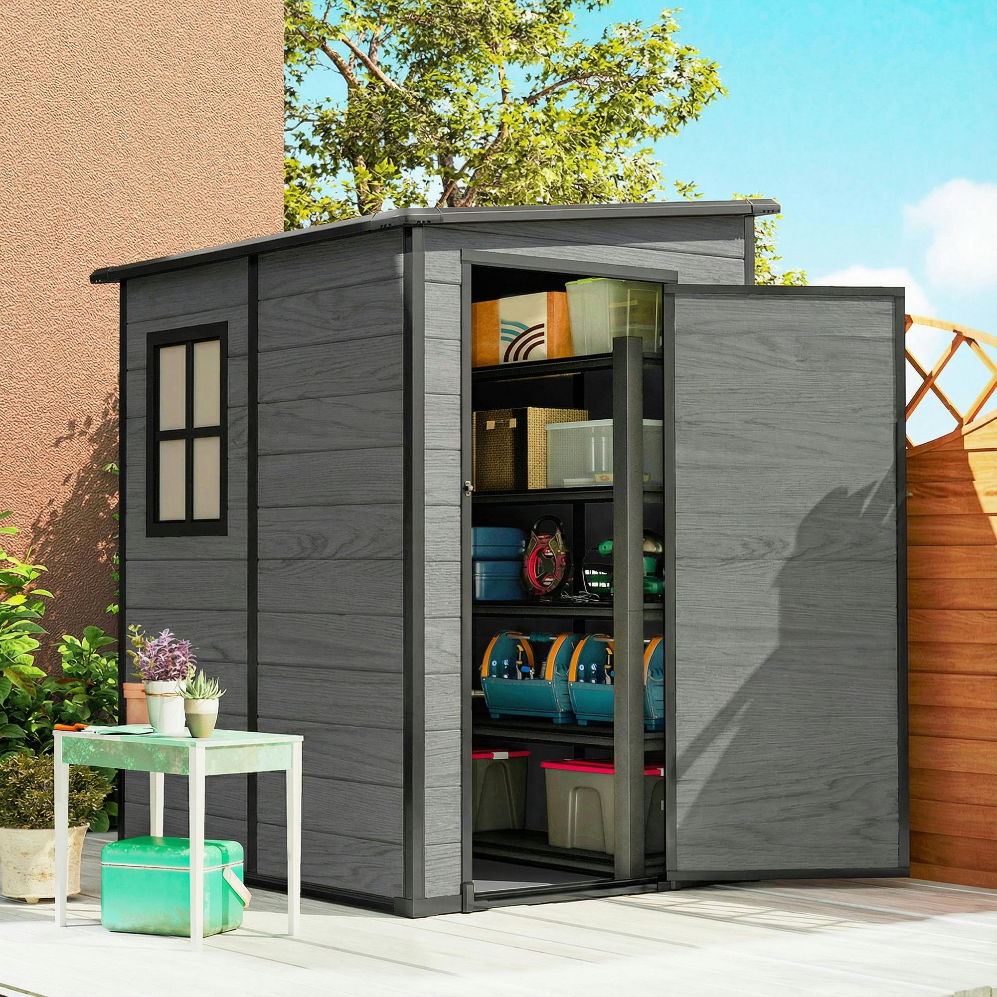 Rackhams Light Lean To Garden Shed, Plastic Tool Storage House W/ Lockable Door - Wood-Effect