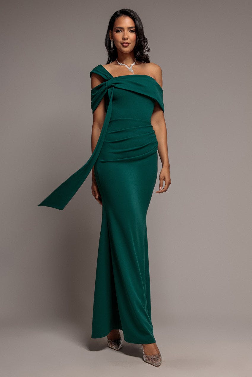 Goddiva Green One Shoulder Twisted Bardot Asymmetric Mermaid Maxi Dress - Emerald By - Emerald - 8