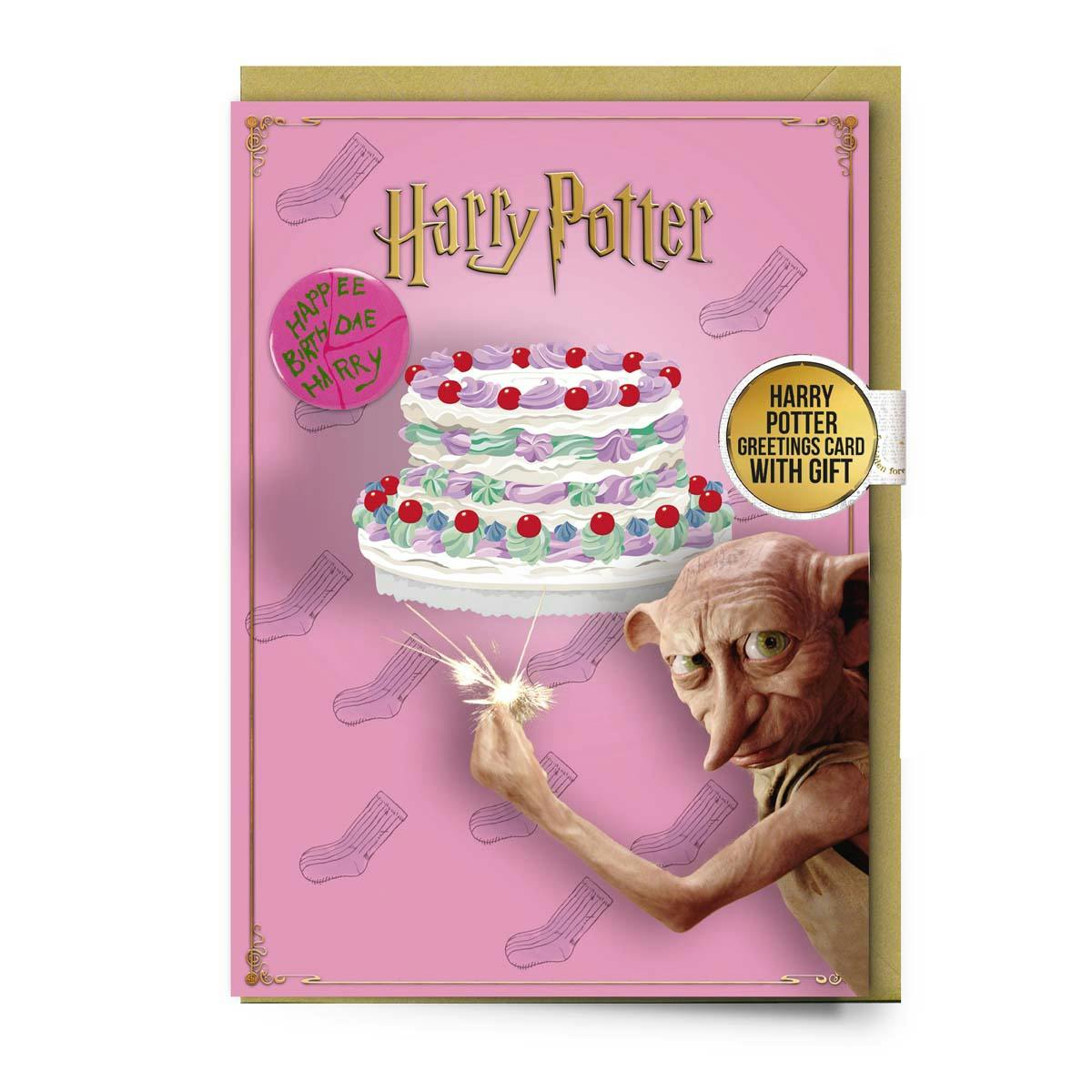 The Carat Shop Gold Harry Potter Dobby Happy Birthday Cake Greetings Card With Button Badge (Pack Of 6)