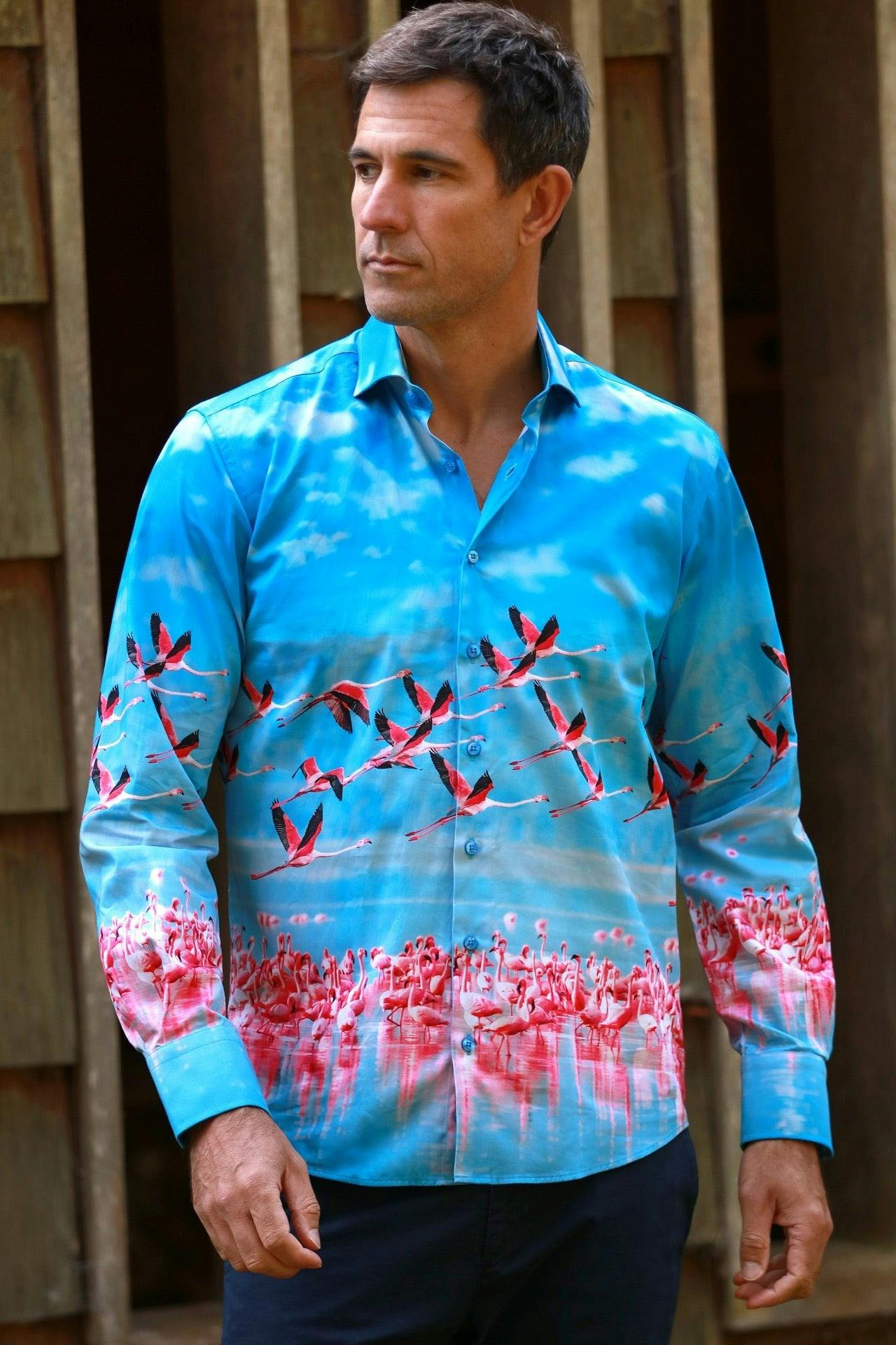 Claudio Lugli Men's Sky Flamingos In Flight Placet Print Shirt - Image 2