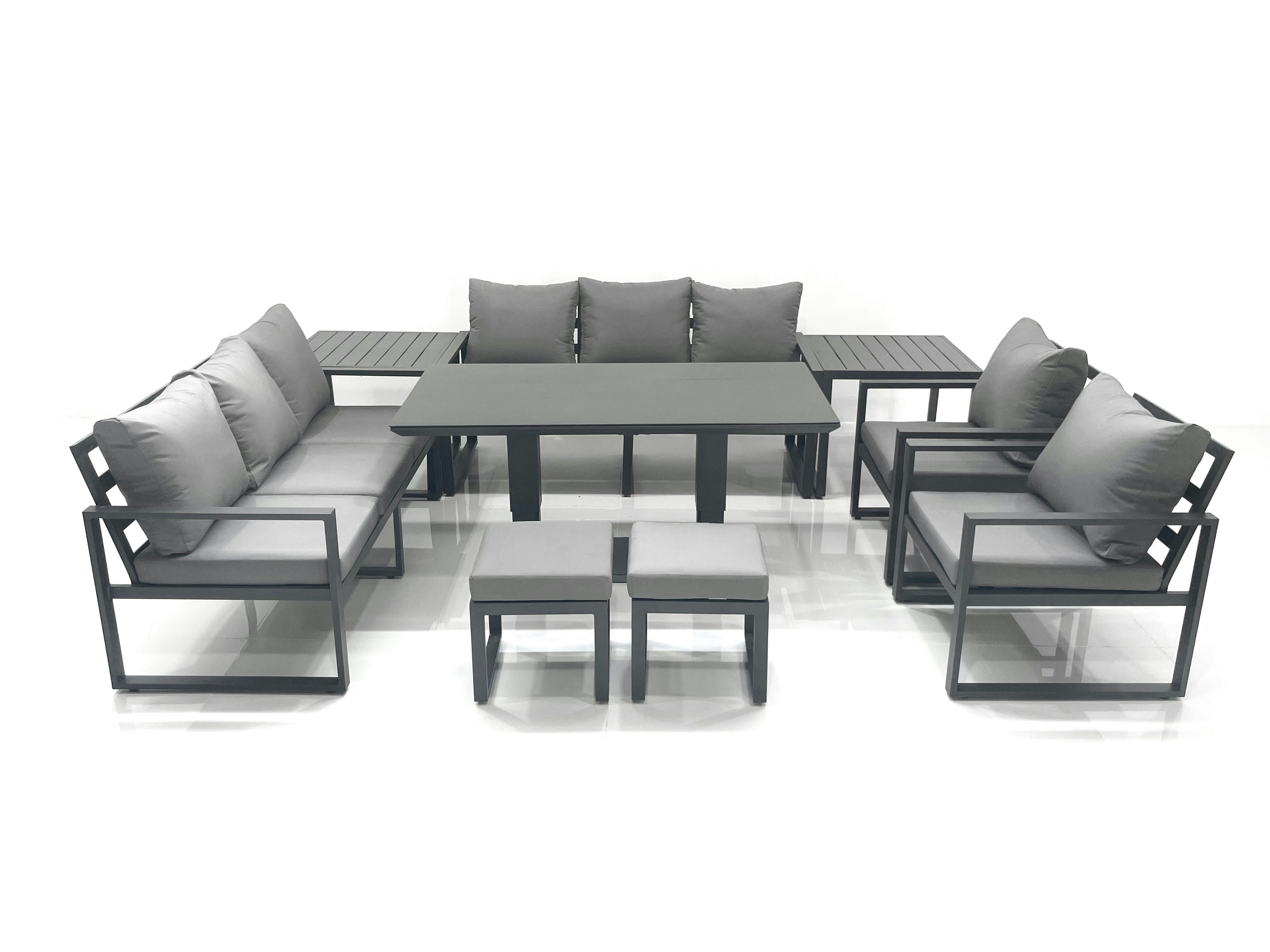 Rackhams Dark/Grey Garden Sofa Set Aluminium Furniture Rising Dining Tabe Set With 2 Chair 2 Small Footstools 2 Side Tables