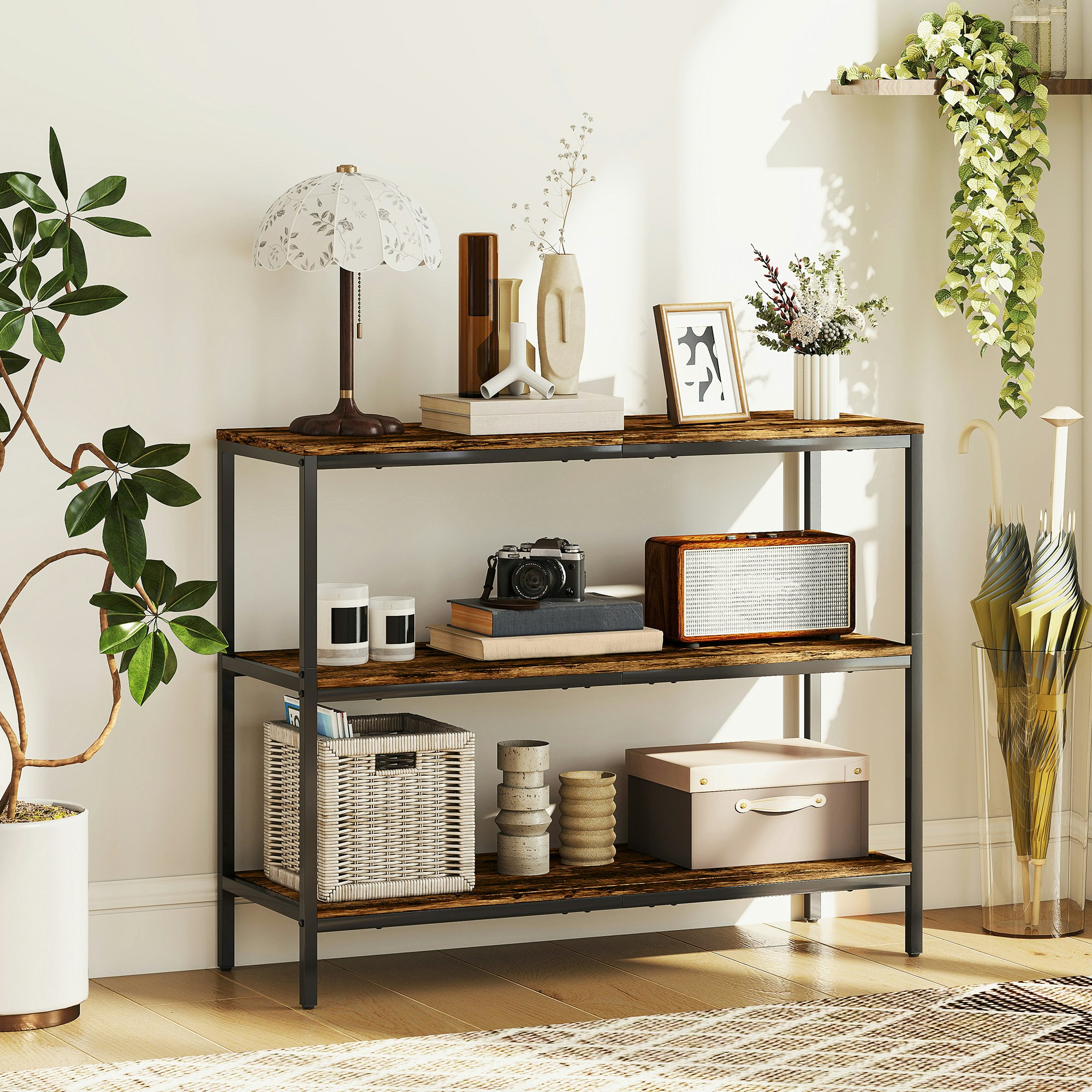 Homcom Brown Industrial Console Table With 3-Tier Storage Shelves Rustic - Rustic
