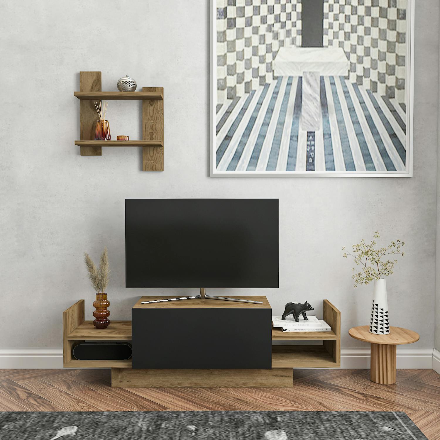 Decorotika Spring TV Unit with Wall Shelf - Black/Oud - 120cm - Image 3
