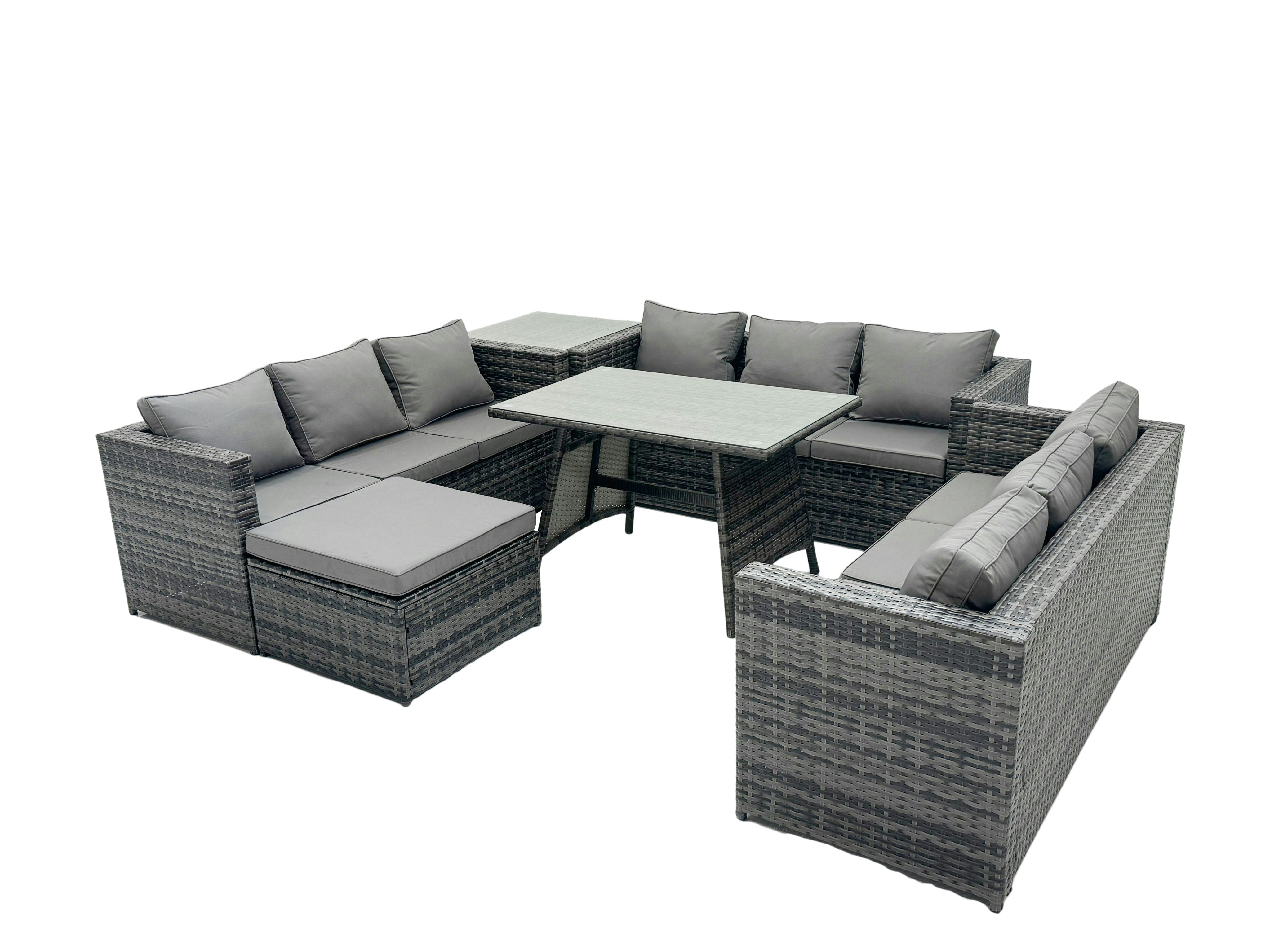Fimous Dark/Grey Outdoor Rattan Garden Furniture Lounge Sofa Set With Oblong Dining Table Side Coffee Table And Big Footstool