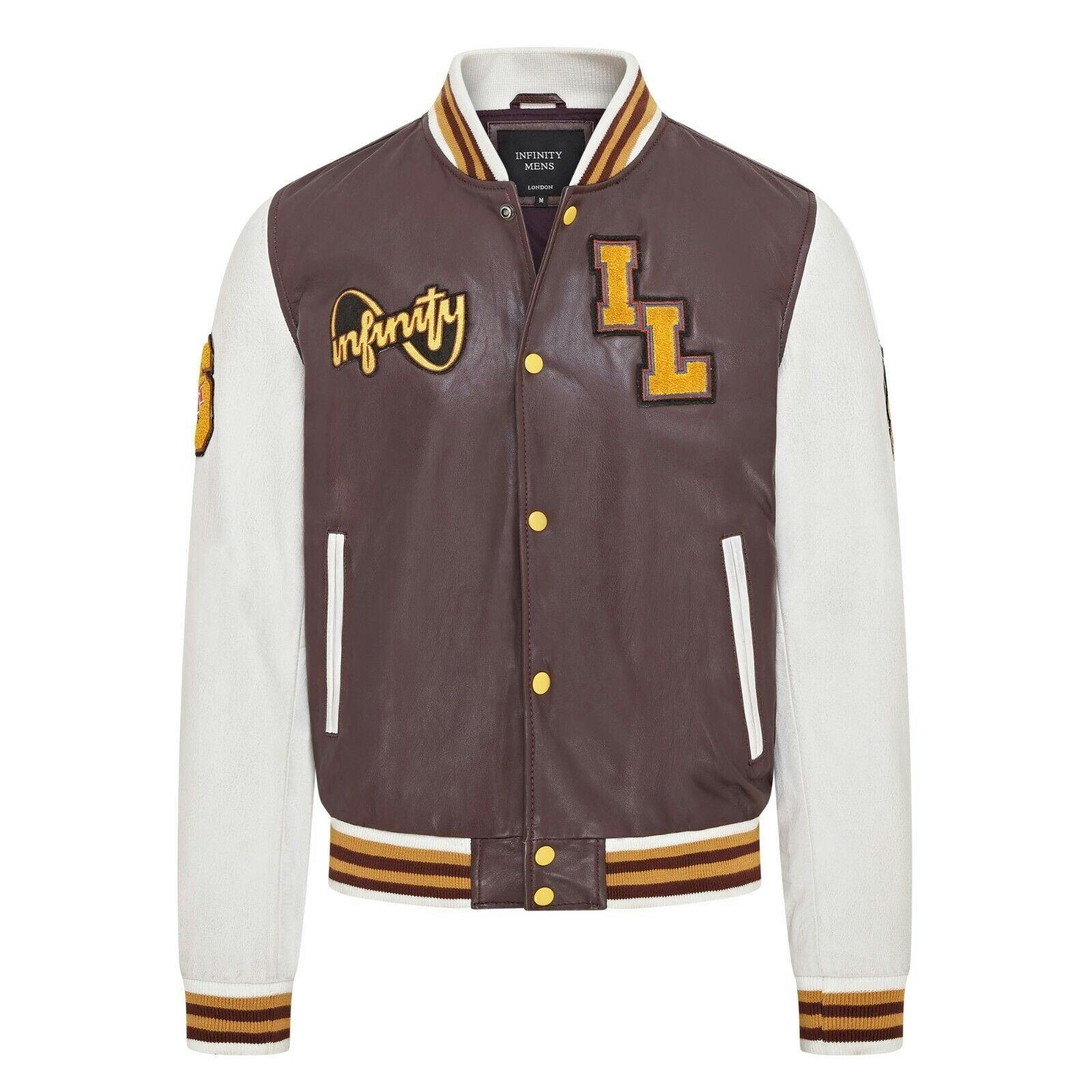 Infinity Leather Men's Burgundy Baseball Leather Letterman Bomber Jacket - Ashwood - Uk 5XL | Eu 60 | Us 50