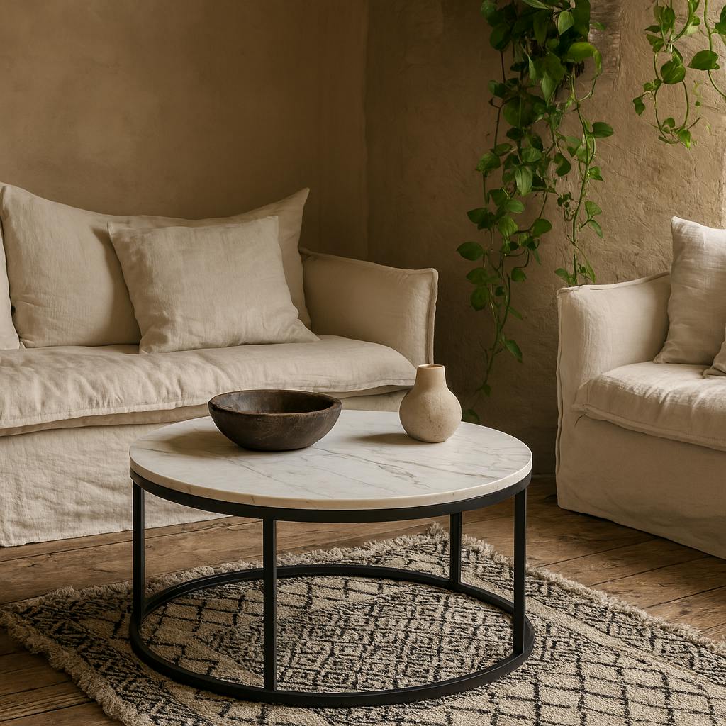 Wyld Haus White/Black Odense Round Marble Effect Coffee Table Metal Legs