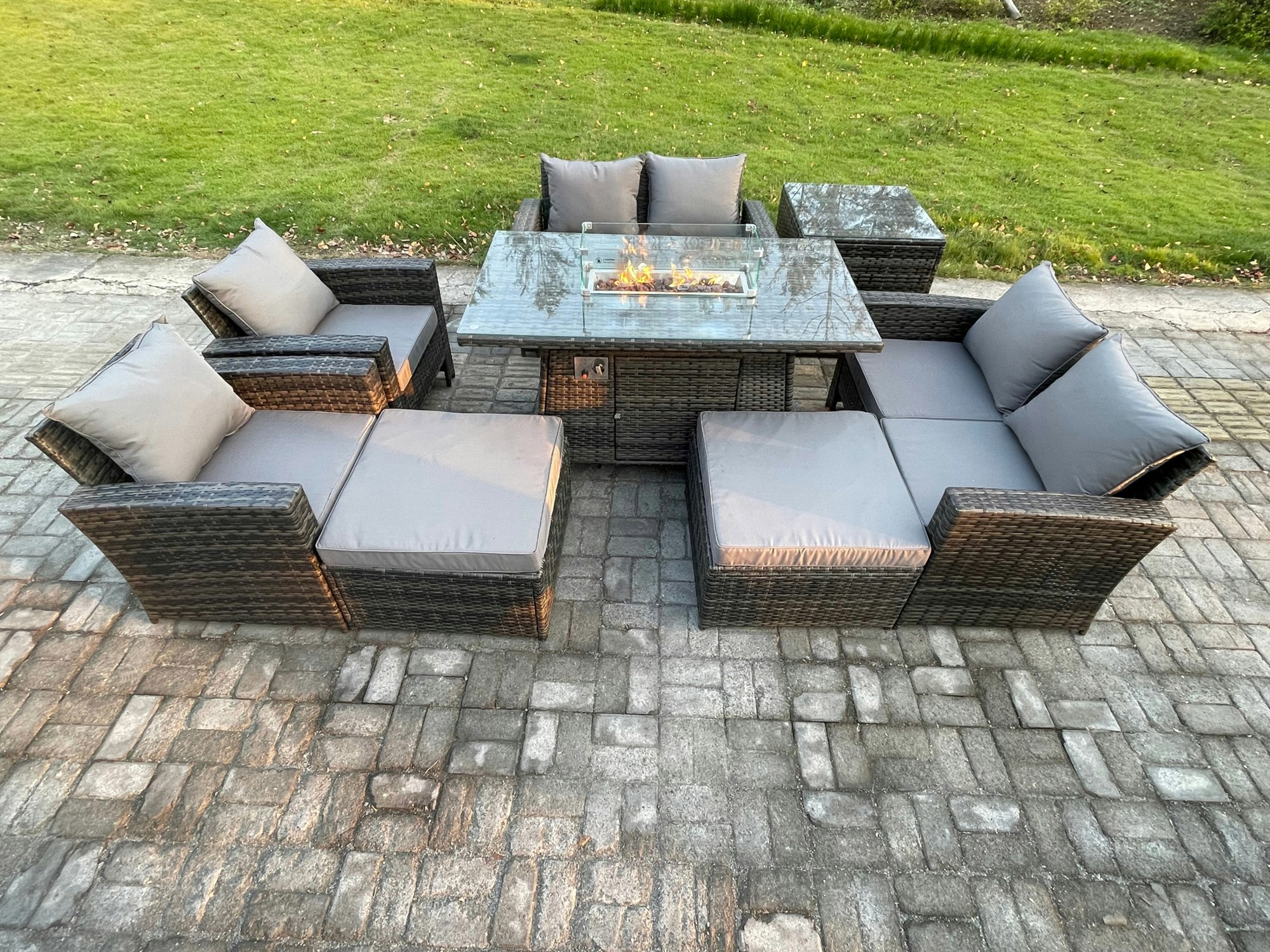 Rackhams Dark/Grey 8-Piece Wicker Rattan Outdoor Gas Fire Pit Dining Set | Sofa, 2 Footstools, Side Table |