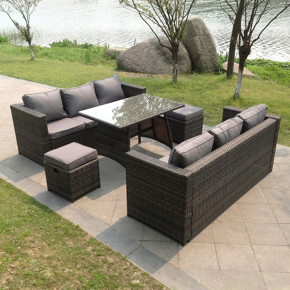Fimous Dark/Grey 8 Seater Rattan Sofa Set With Dining Table, 2 Sofas, 2 Stools