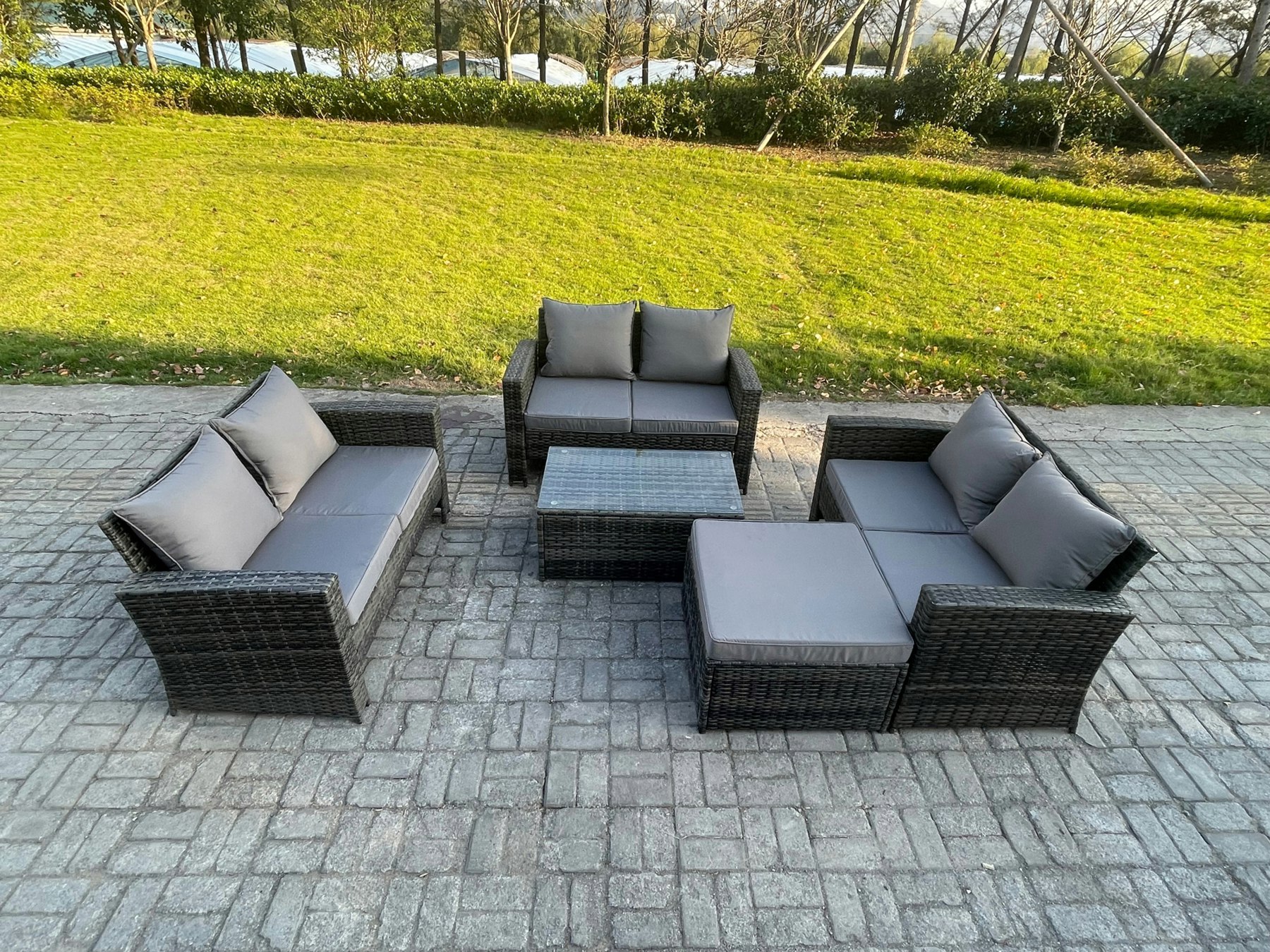 Rackhams Dark/Grey 7 Seater Outdoor Rattan Garden Furniture Set Patio Love Sofa Rectangular Coffee Table Set With Big Footstool