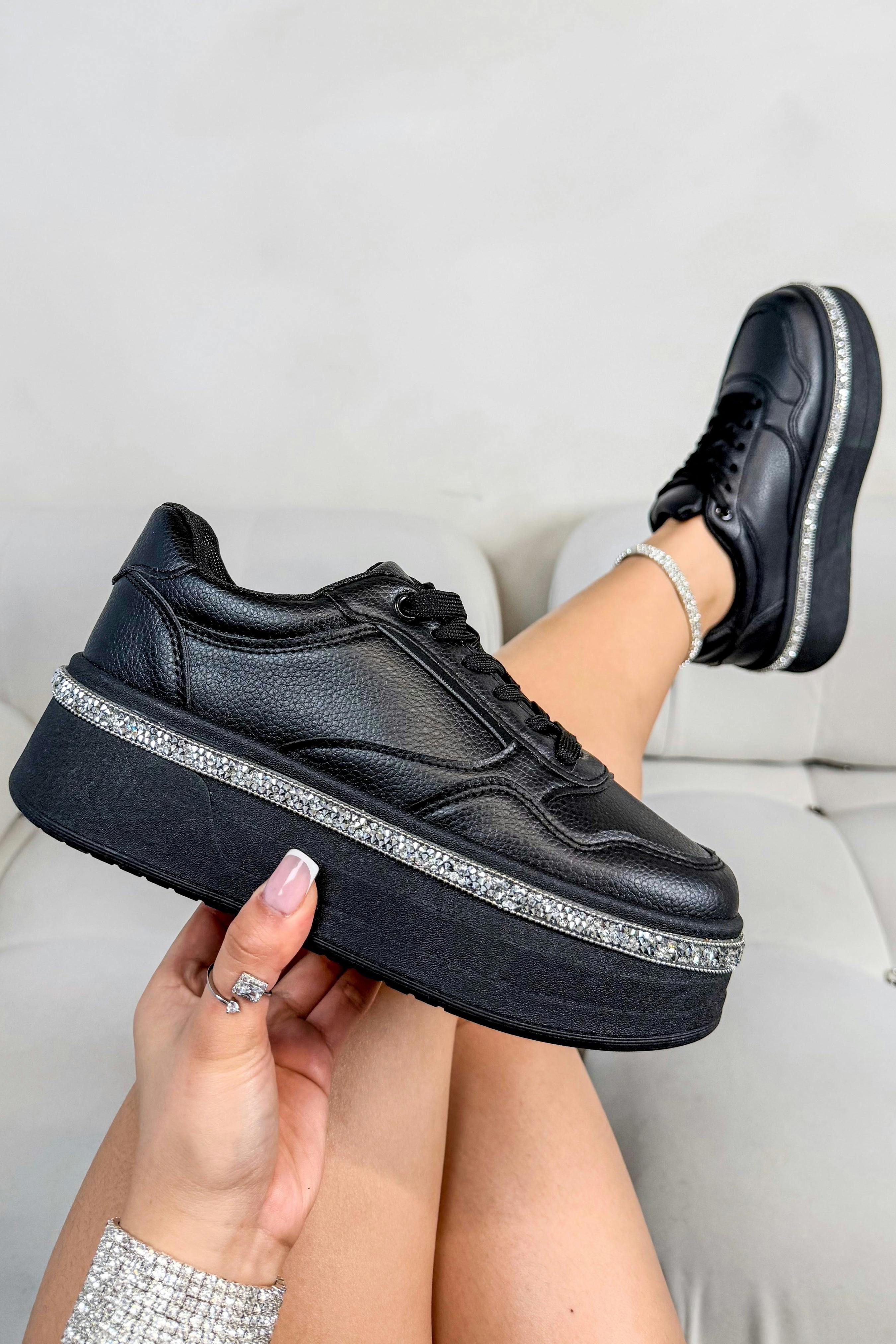 Love Lemonade Women's Black Crystal Diamante Trim Platform Trainers - Uk 5