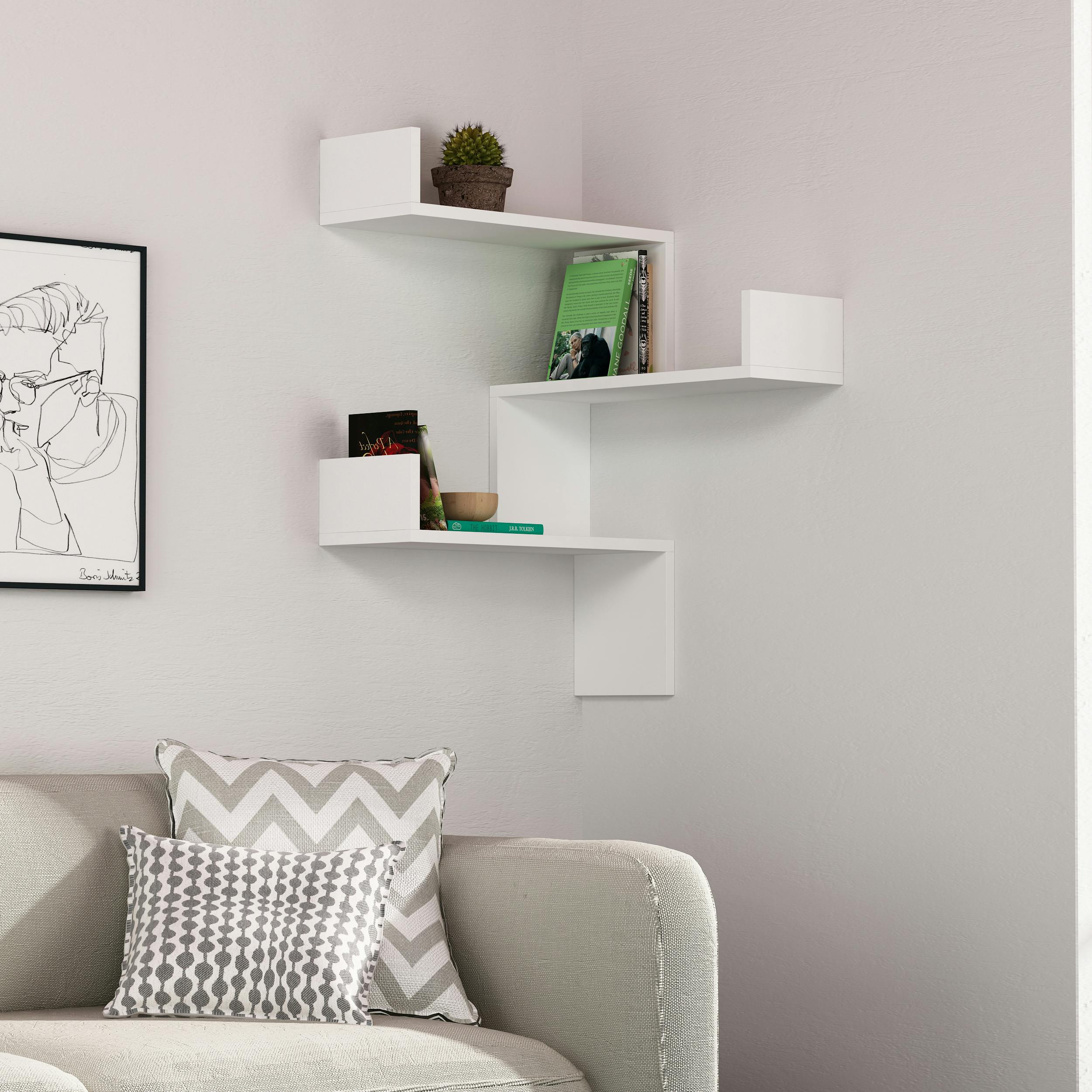 Decortie Luksa Corner Wall Shelf - 22x60x90cm - White Particleboard - Image 3