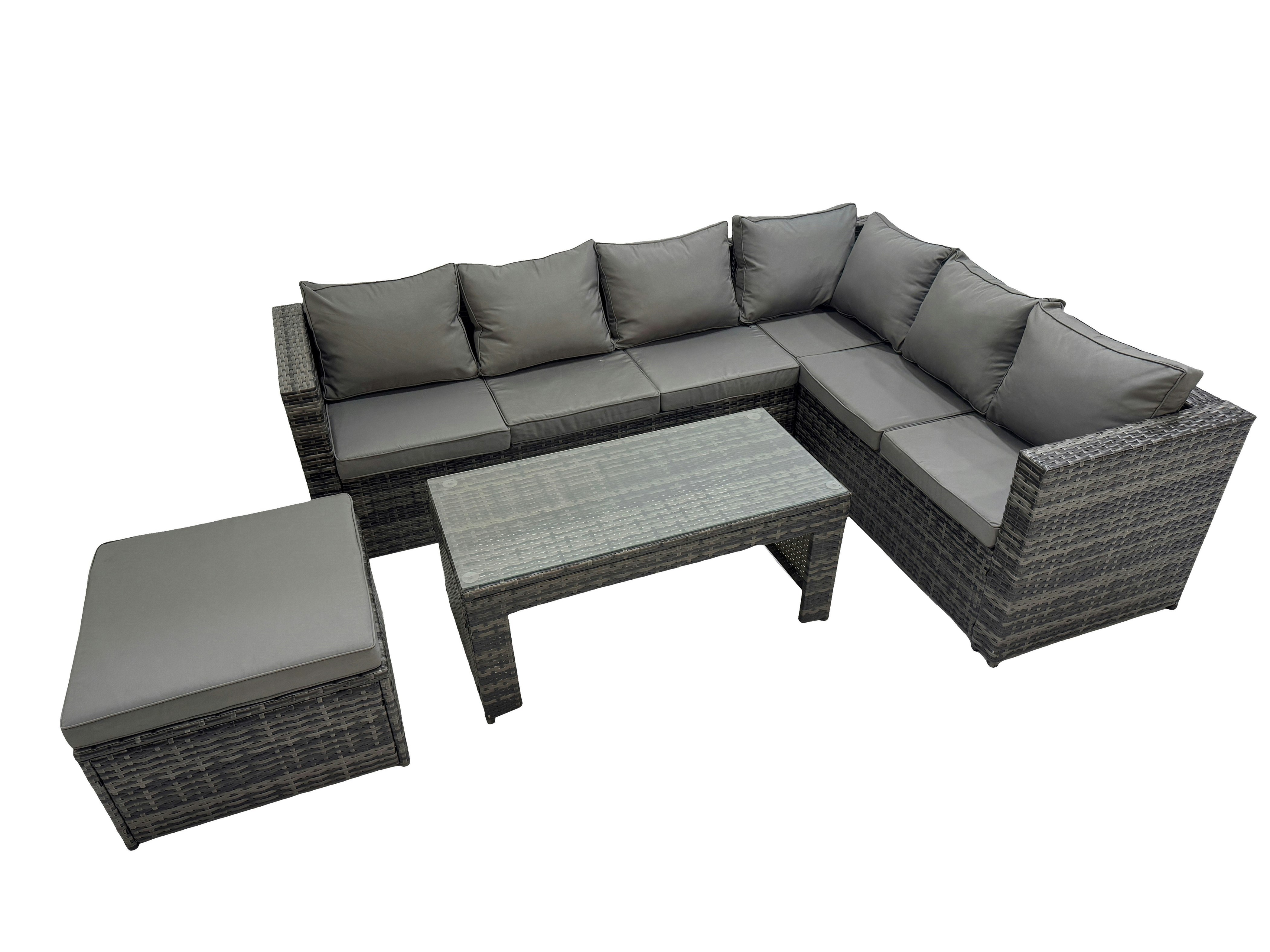 Fimous Dark/Grey Outdoor Rattan Oblong Coffee Table Corner Sofa Sets Garden Furniture Set With Big Stool Mixed