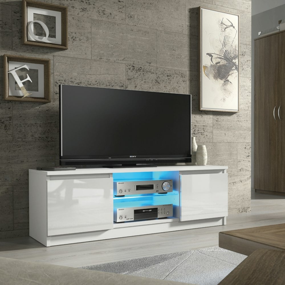 Rackhams White Stunning 120Cm Tv Unit Modern Cabinet Tv Stand High Gloss Free Led - 120 Cm - Mdf/Chipboard - Matt Body & Gloss Doors