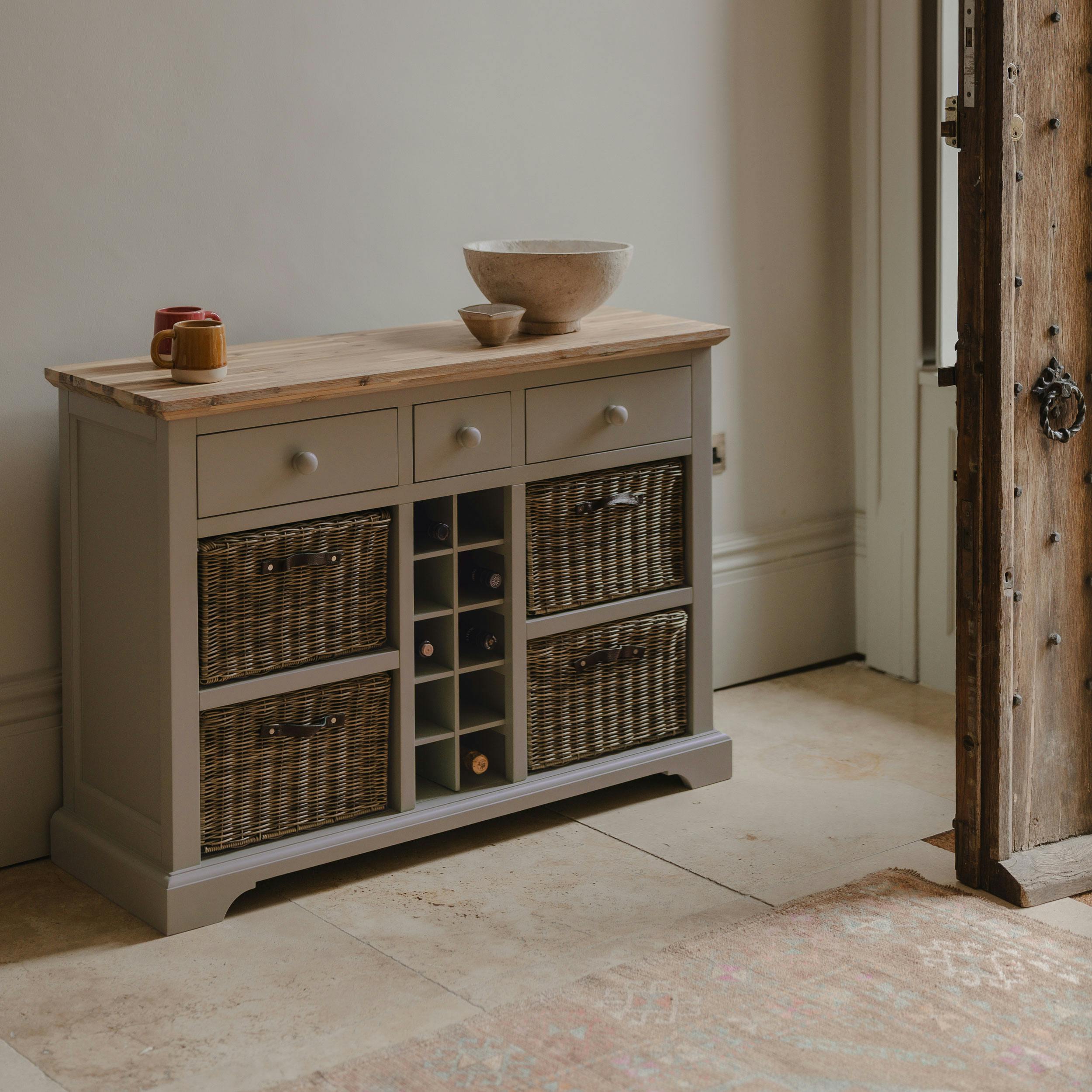 Rackhams Beige Florence Wooden Sideboard With Wine Rack, 3 Drawers And Storage Baskets - Truffle,
