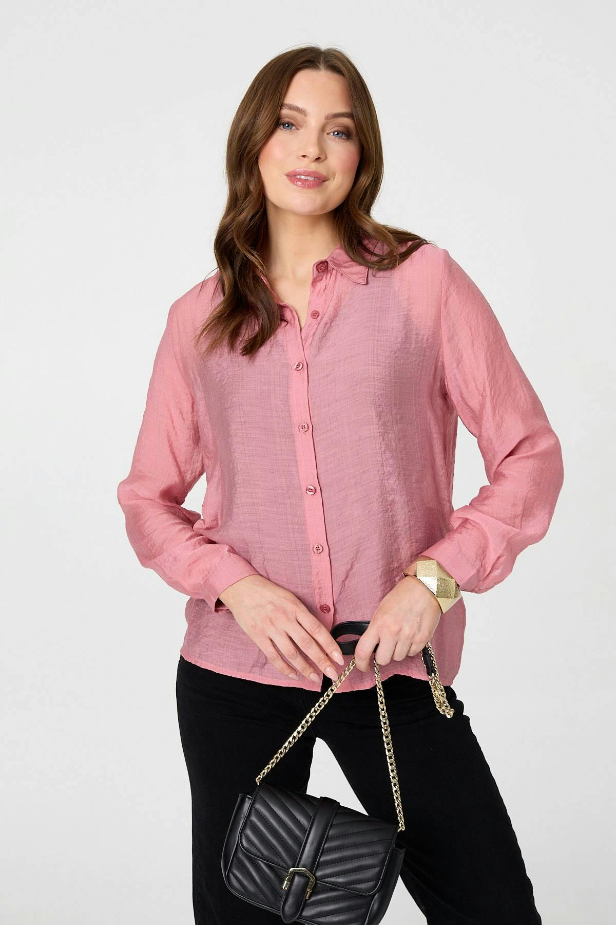 Izabel London Pink Long Sleeve Button Front Shirt - 8