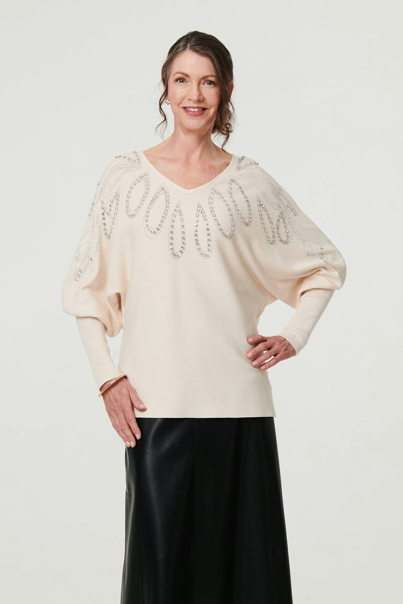 Izabel London Cream Embellished Batwing Sleeve Jumper - 8