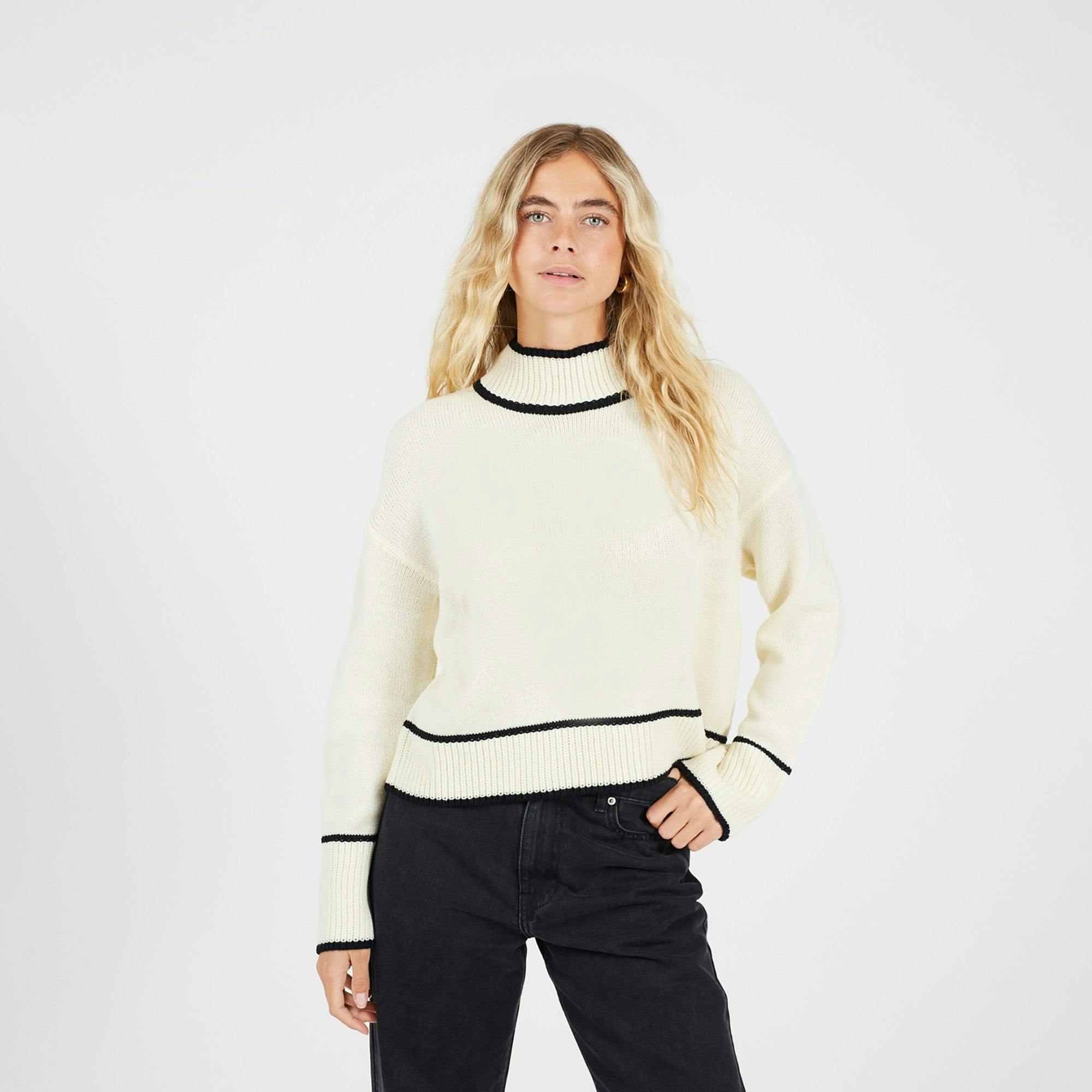 Brave Soul Cream Turtleneck Knitted Jumper With Contrast Trim - Xs