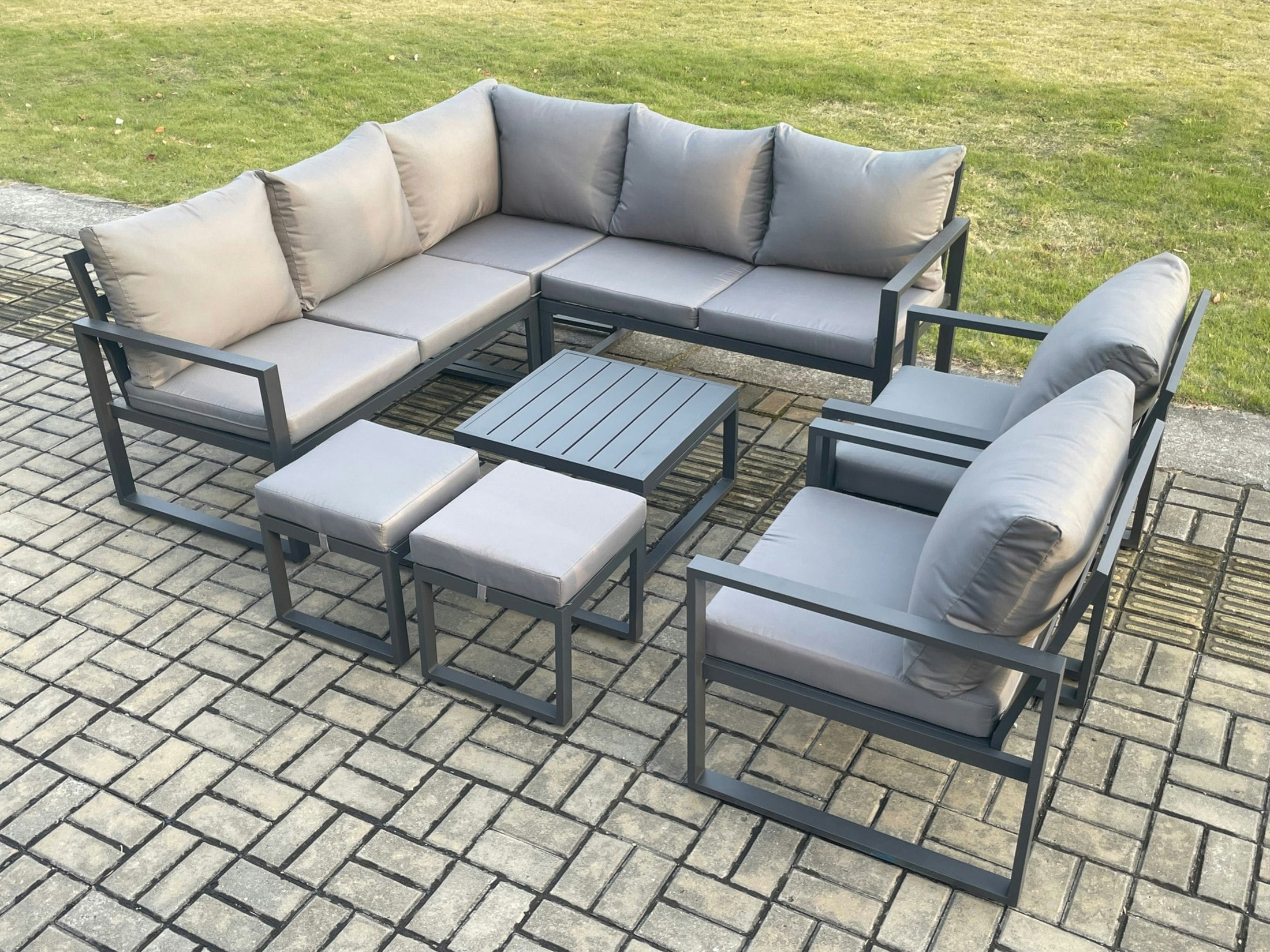 Fimous Dark/Grey 9 Seater Outdoor Aluminium Garden Furniture Set Corner Lounge Sofa Set With Square Coffee Table 2 Small Footstools