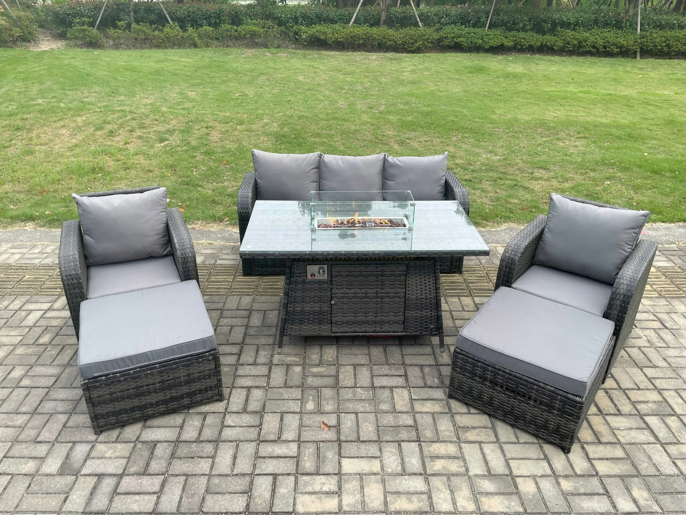 Fimous Dark/Grey Rattan Outdoor Garden Furniture Sofa Set Gas Fire Pit Dining Table Gas Heater With 2 Big Footstool Mixed