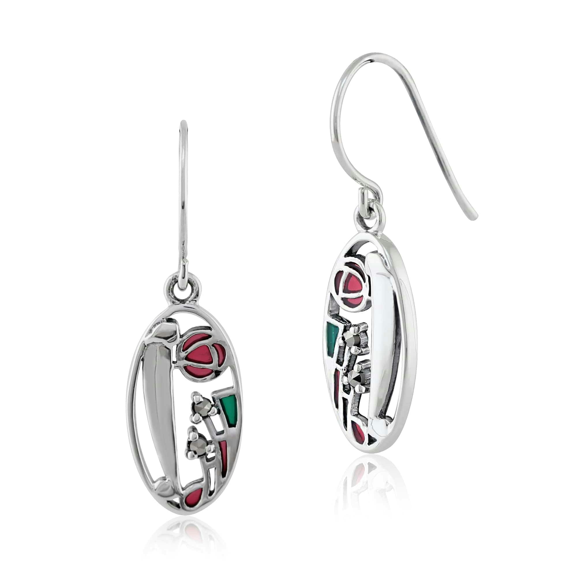 Gemondo Silver Rennie Mackintosh Round Marcasite & Enamel Drop Earrings In 925 Sterling - Sterling 6Pt Marcasite Rennie Mackintosh Style Drop Earrings