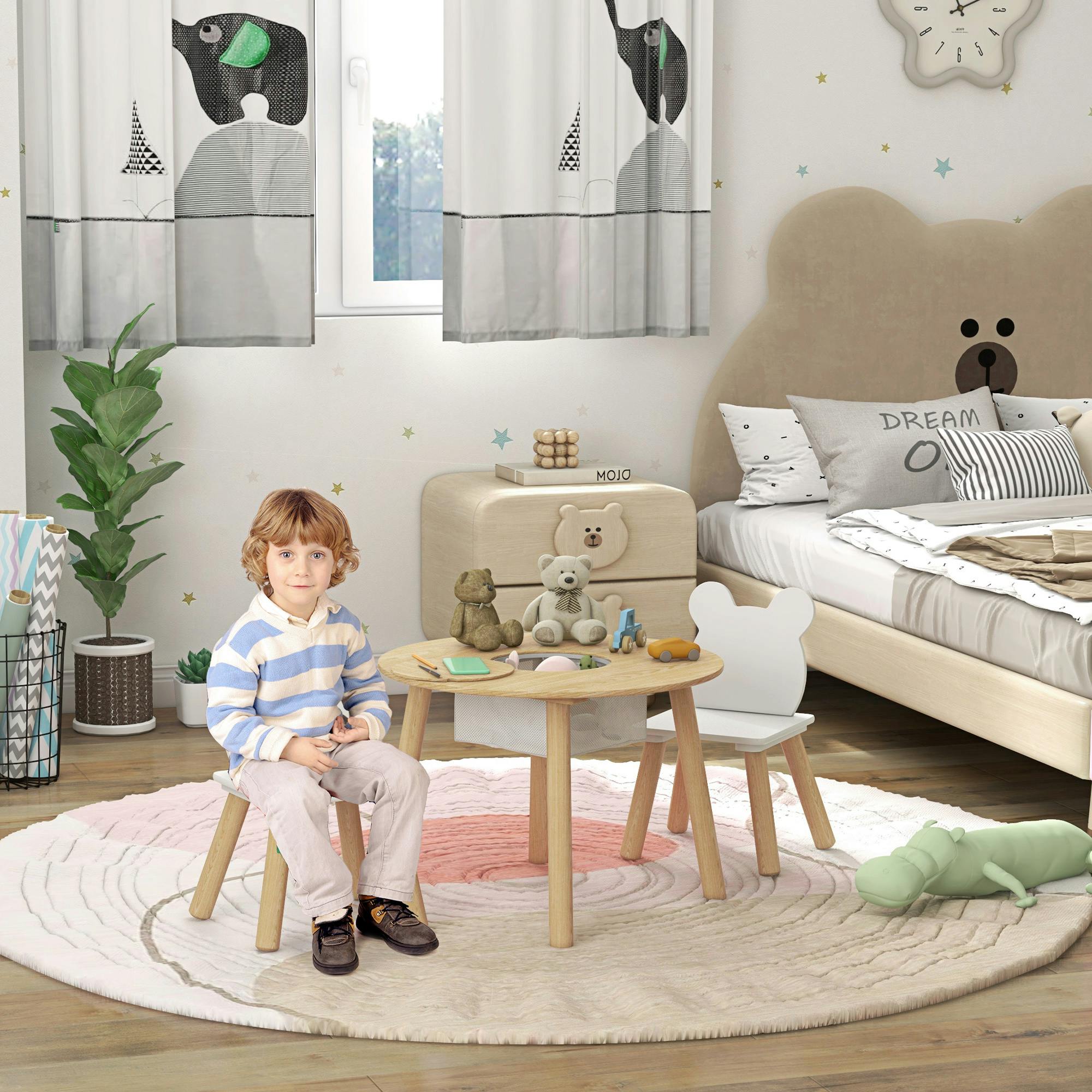 Rackhams White 3 Pieces Toddler Table And Chair Set W/ Centre Mesh Bag