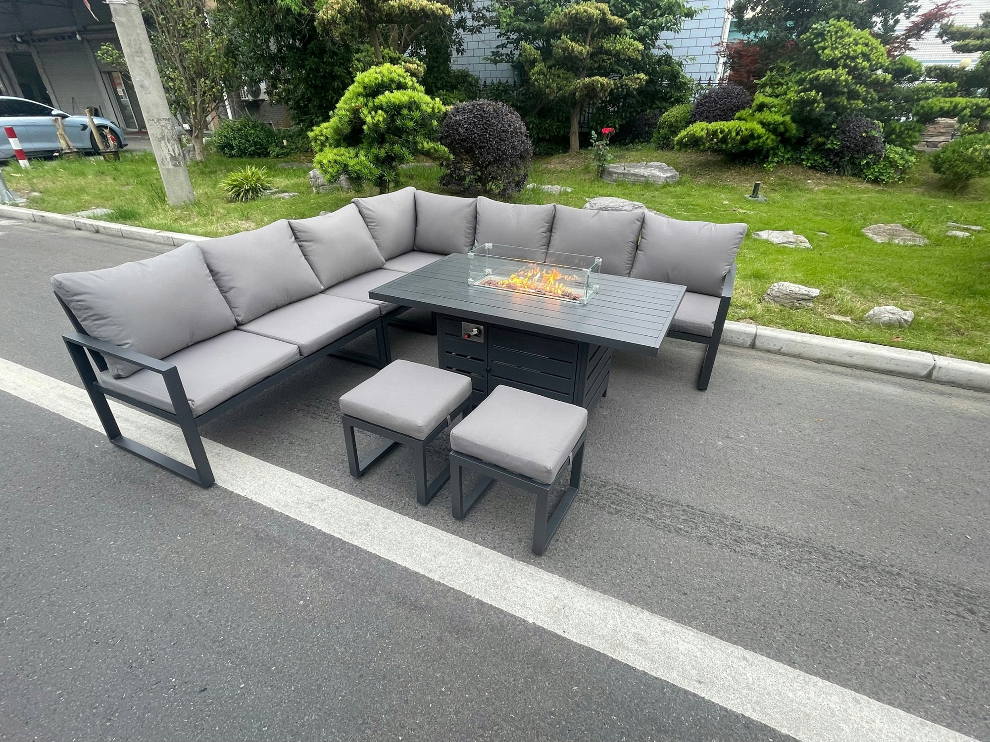 Fimous Dark/Grey Aluminium Outdoor Garden Furniture Corner Sofa Gas Fire Pit Dining Table Sets 2 Pc Stools Gas Heater Burner 9 Seater