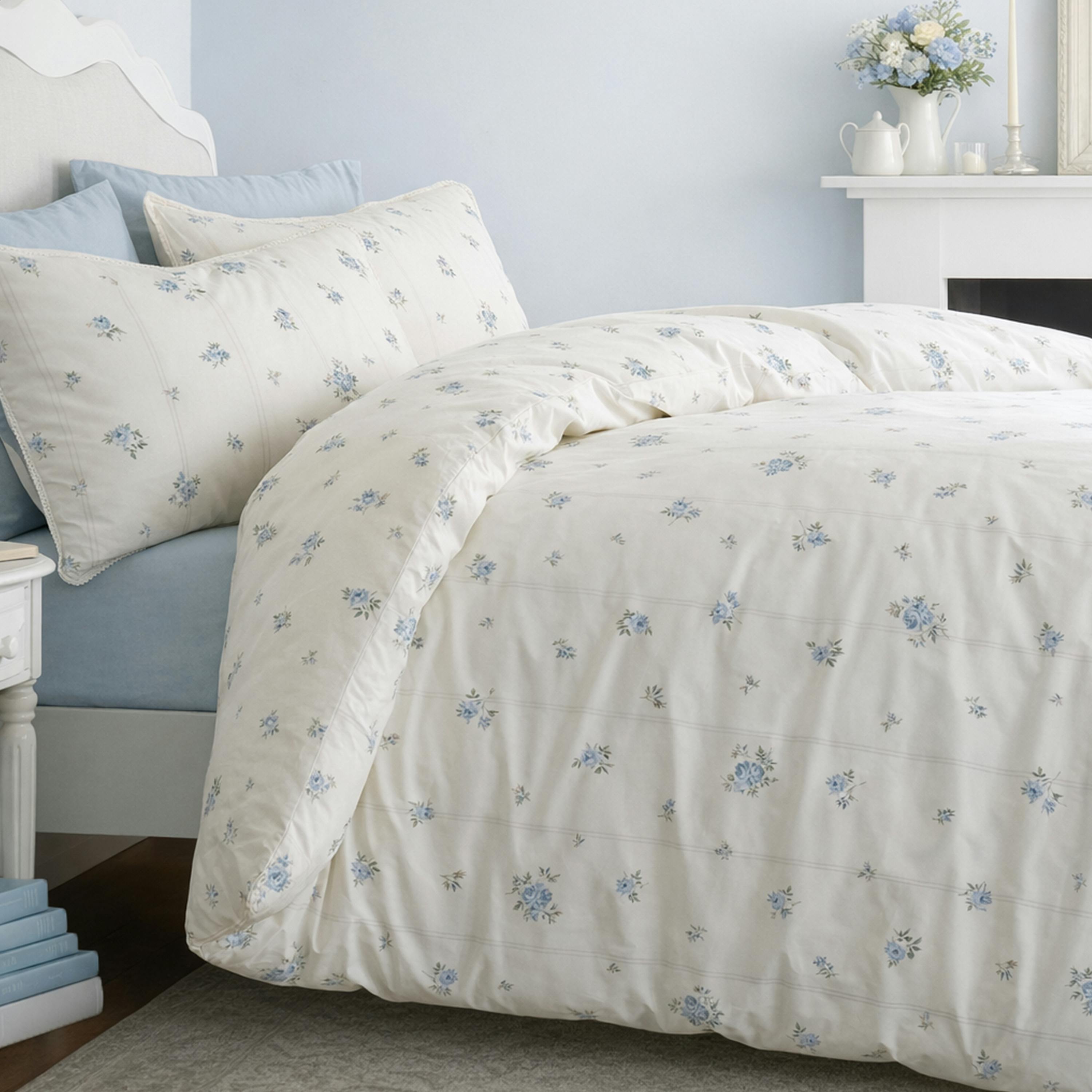 Rackhams Blue Vintage Rosebud Lace 200 Thread Count Cotton Reversible Duvet Cover Set - Single