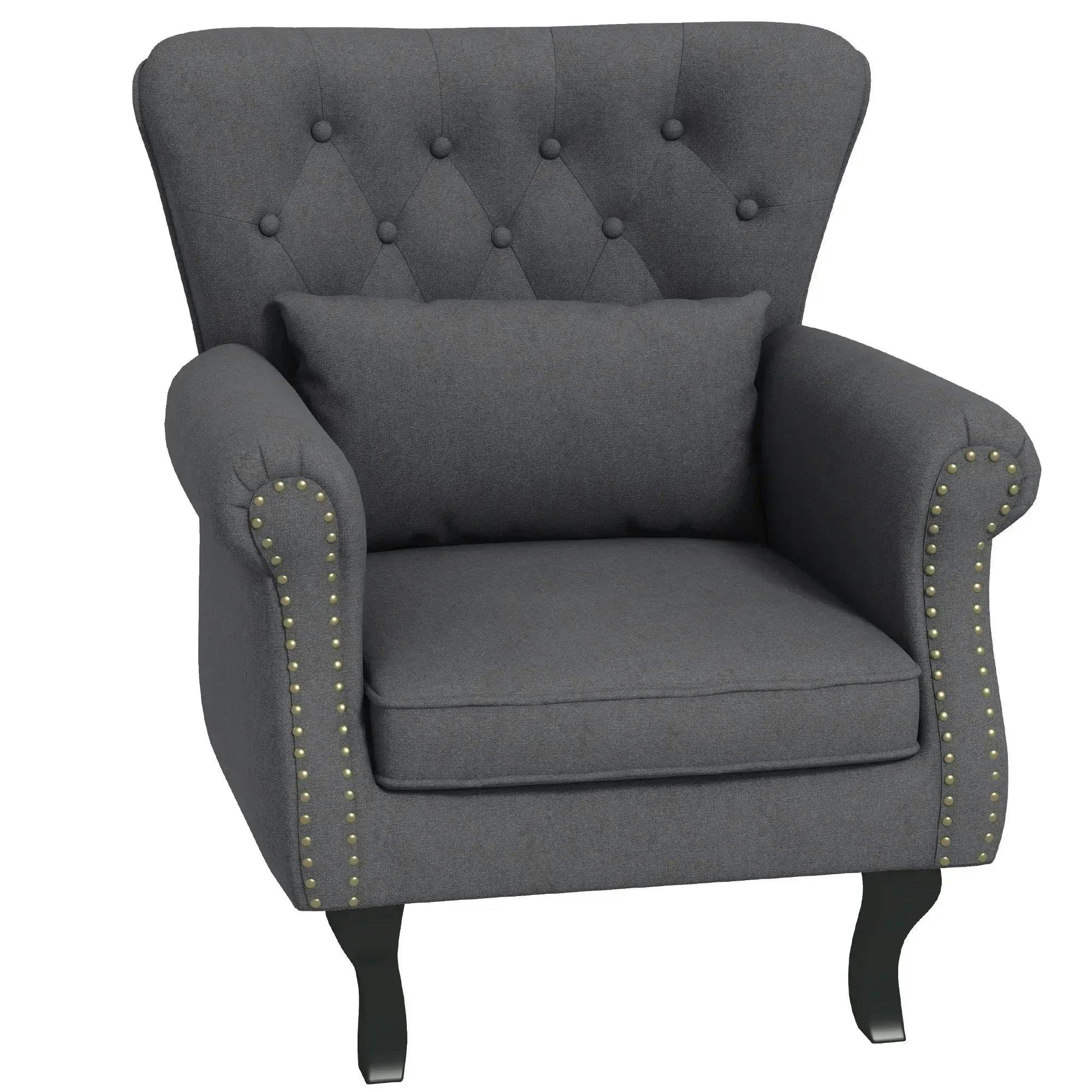 HOMCOM Vintage Wingback Armchair - Dark Grey Linen-Feel Fabric - Nailhead Trim - Button Tufted - Rolled Arms - Image 6