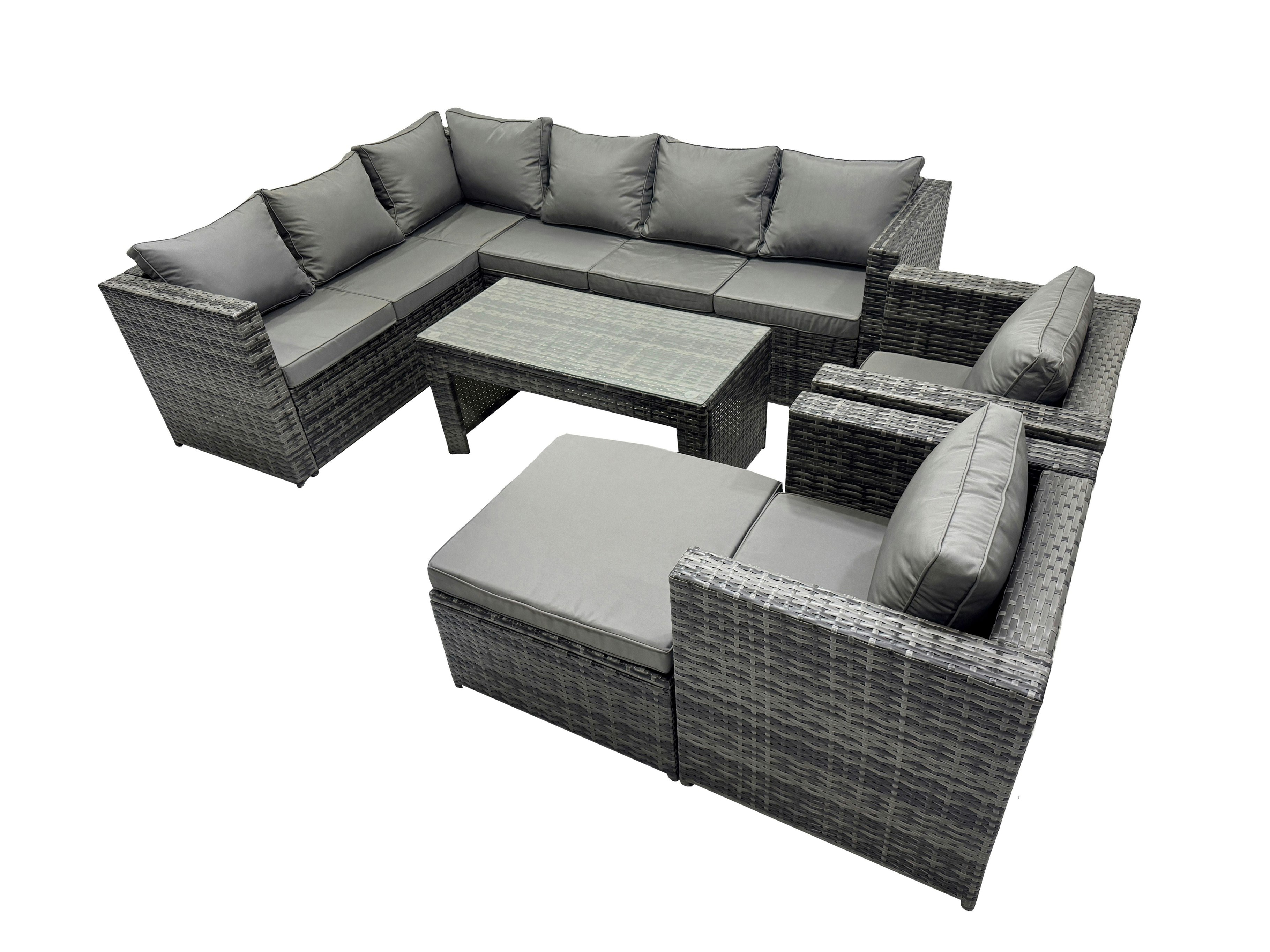 Rackhams Dark/Grey 6 Pieces Outdoor Pe Rattan Garden Furniture Corner Sofa Oblong Coffee Table Set With Cushions Big Footstool Mixed