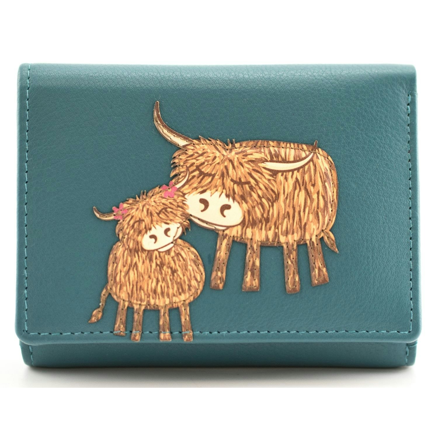 Mala Leather Highland Cow Mother & Daughter Leather Trifold Purse - Teal