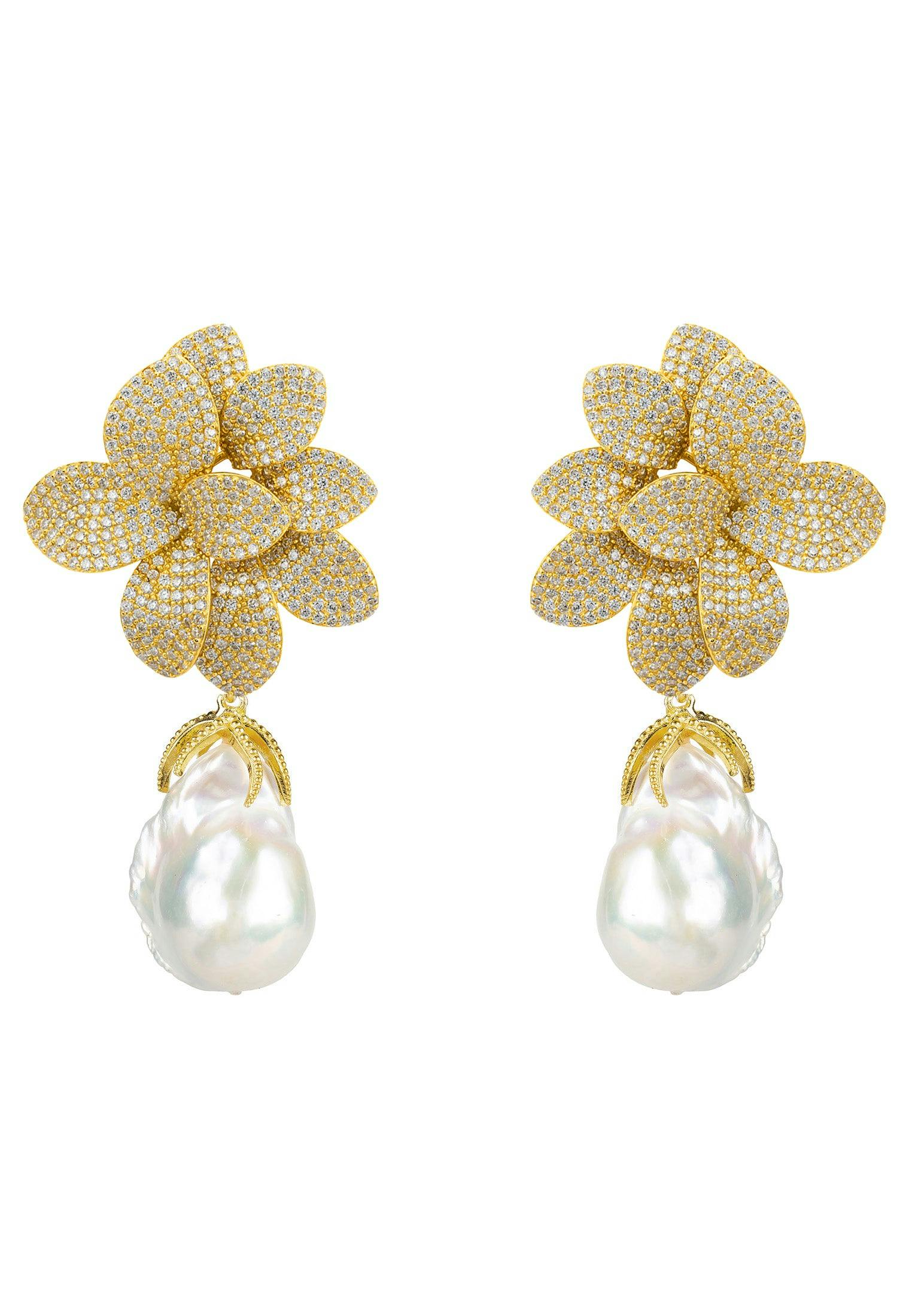 Latelita White/Gold Amaryllis Flower Baroque Pearl Drop Earrings
