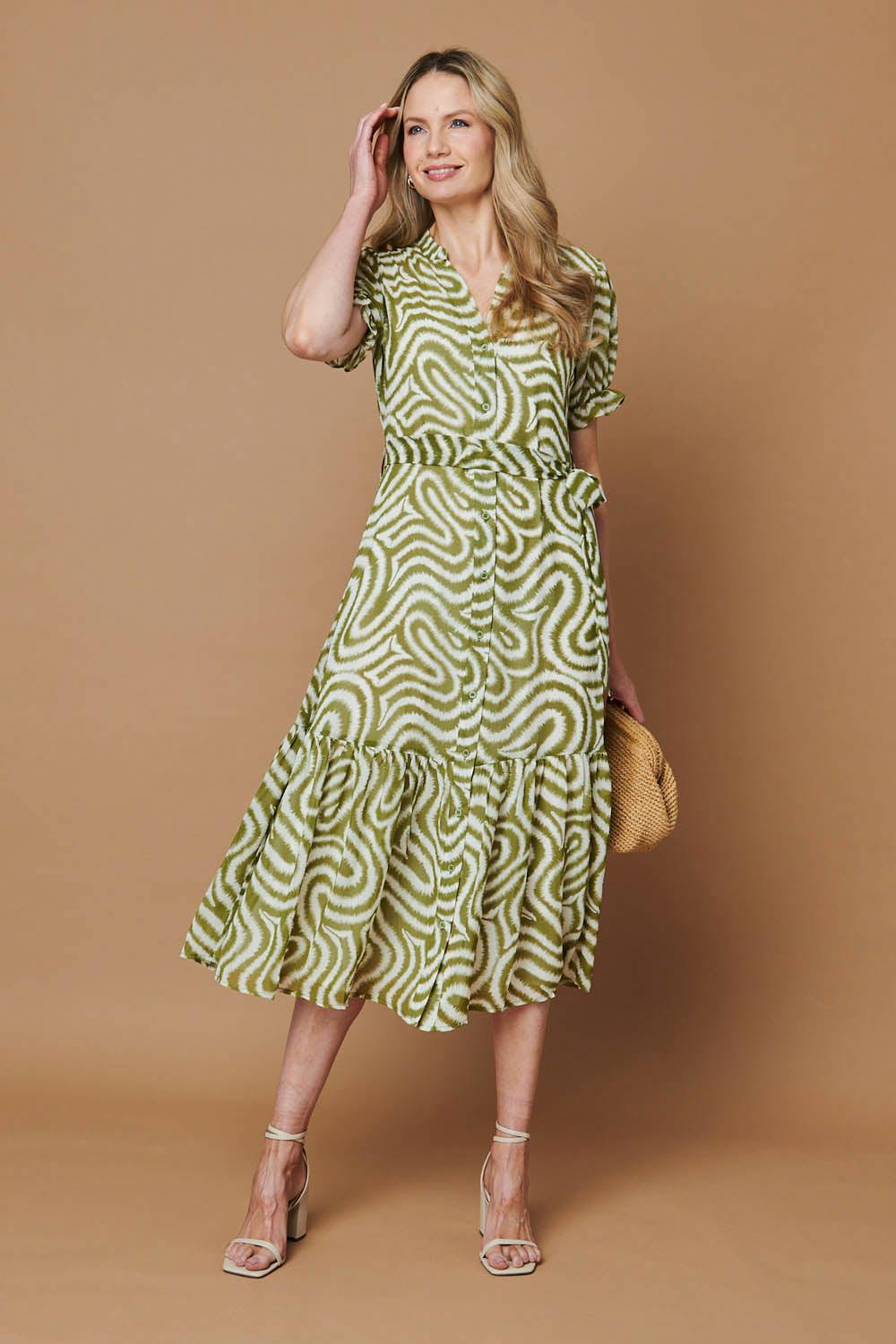 Izabel London Green Printed Short Sleeve Midi Shirt Dress - 16