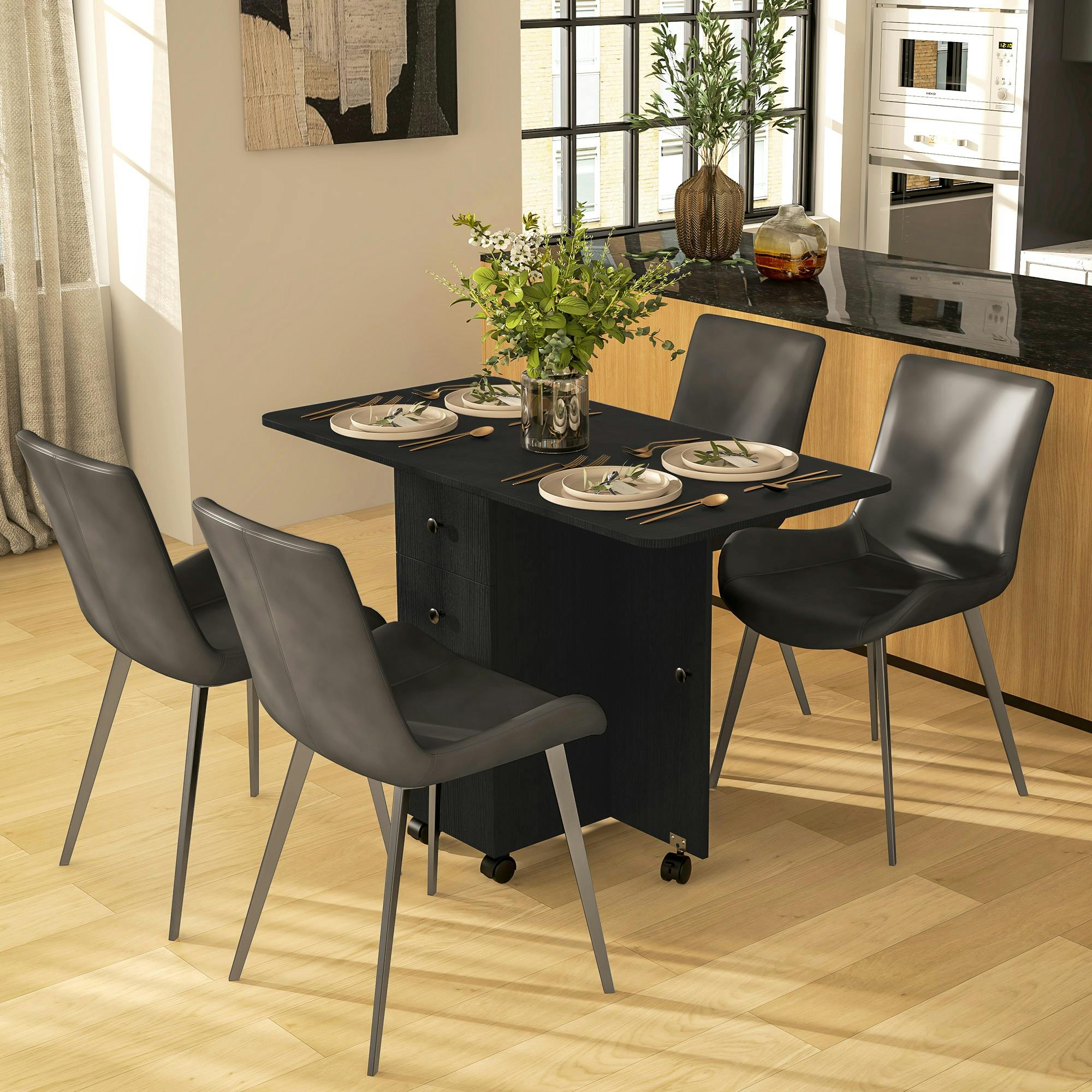 Rackhams Black Folding Dining Table, Drop Leaf Table With Storage Drawers