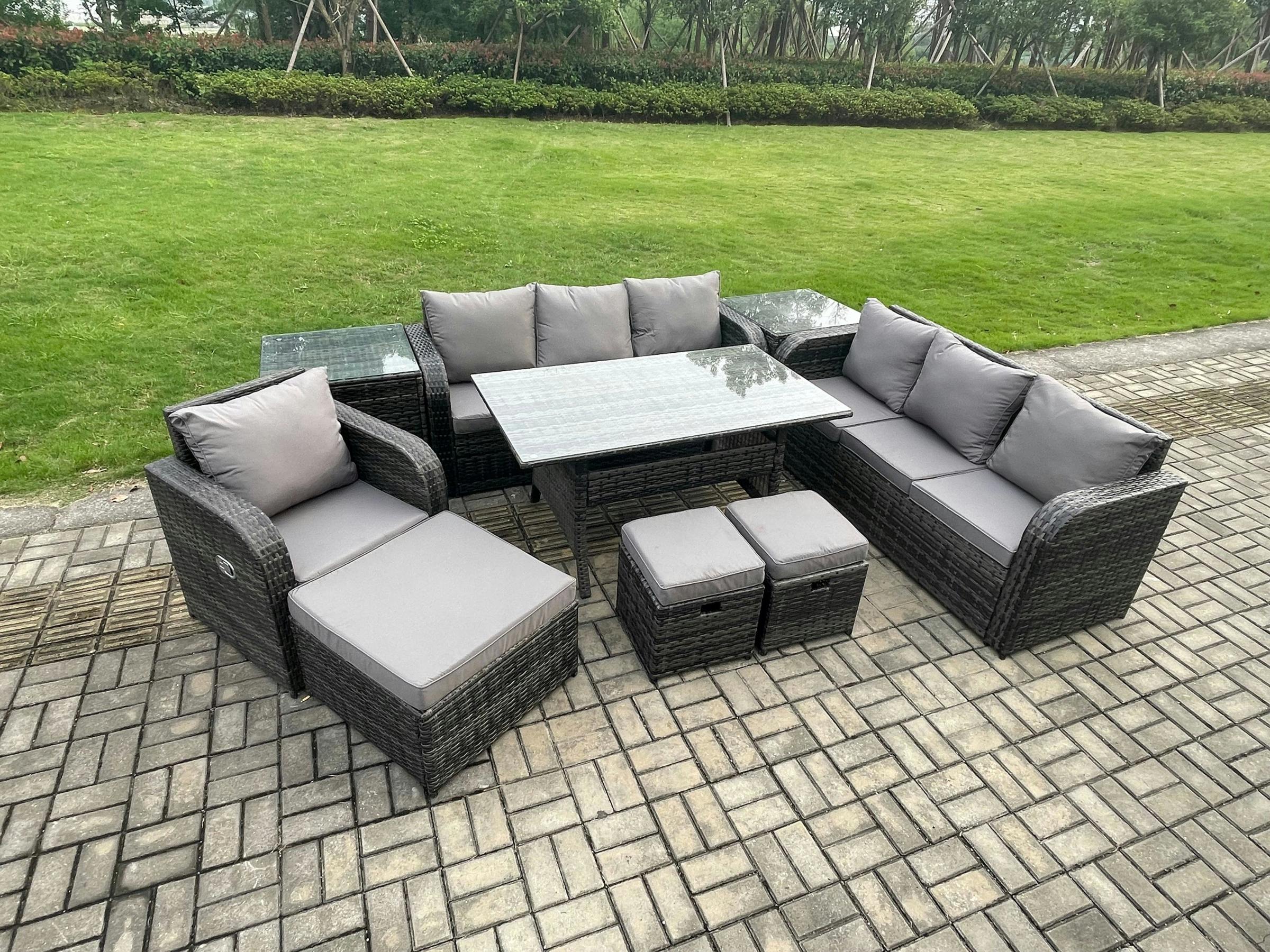 Rackhams Dark/Grey 10 Seater Rattan Garden Furniture Set With Dining Table, 2 Sofas, 1 Reclining Chair, 3 Footstools & 2 Side Tables