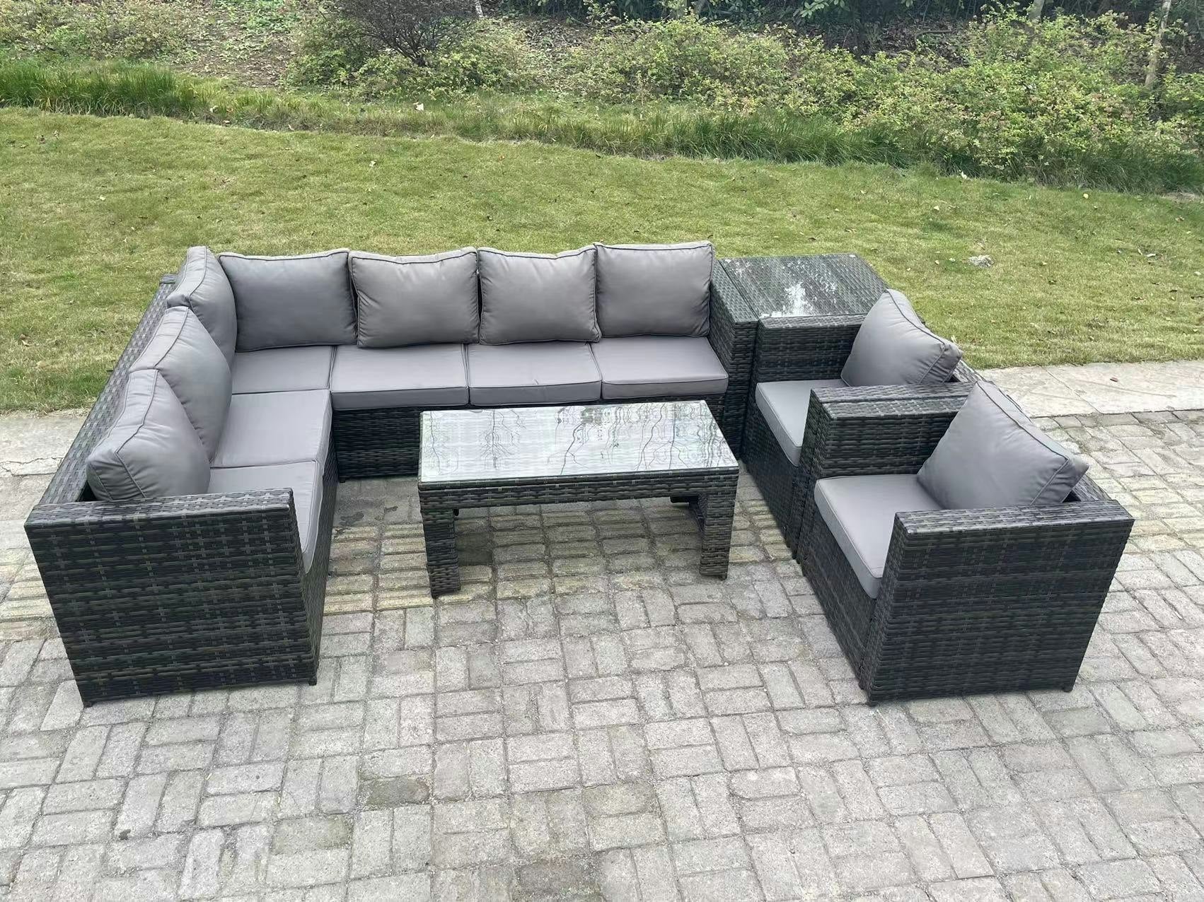 Fimous Dark/Grey 8 Seater Rattan Corner Sofa Lounge Sofa Set With Rectangular Coffee Table Side Table 2 Arm Chair Mixed Left Hand