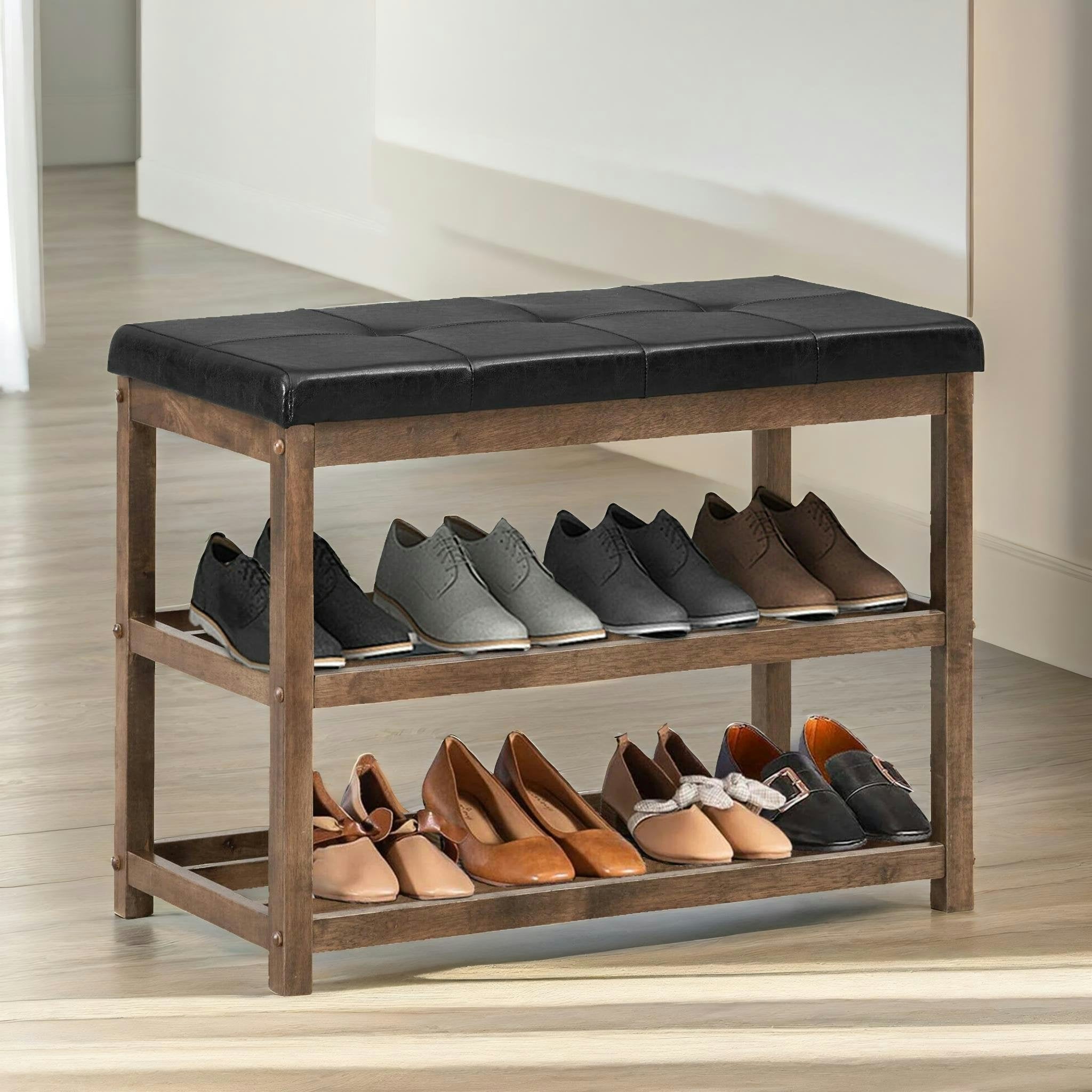 Rackhams Brown Wooden 2 Tier Shoe Rack Bench